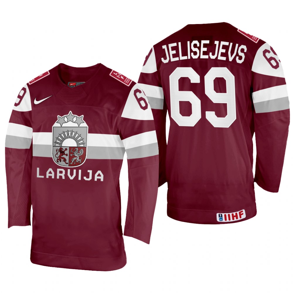 Nikolajs Jelisejevs Latvia Maroon Away Jersey 2022 IIHF World Championship