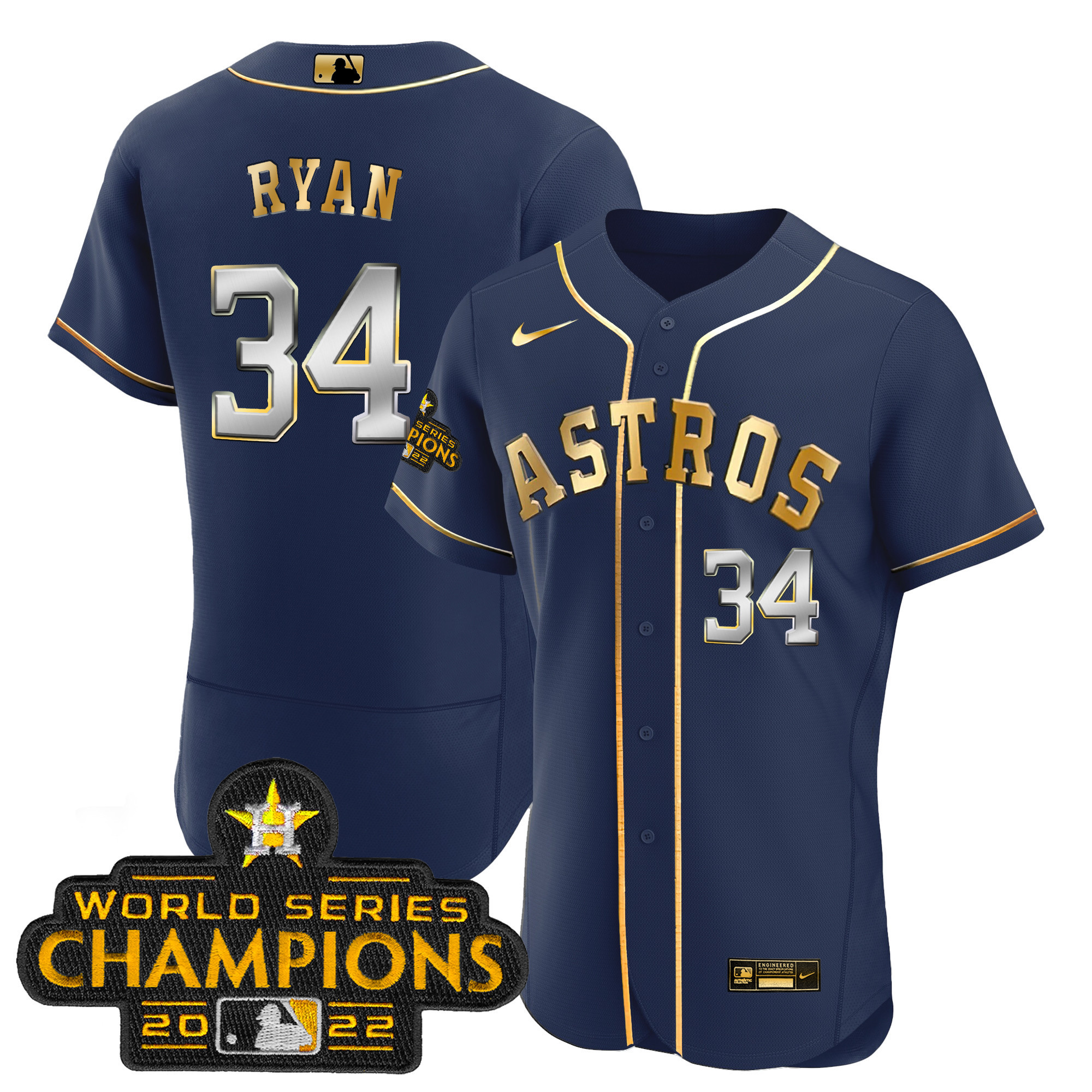 Nolan Ryan Houston Astros 2023 Gold Flex Base Navy Gold Jersey - All Stitched