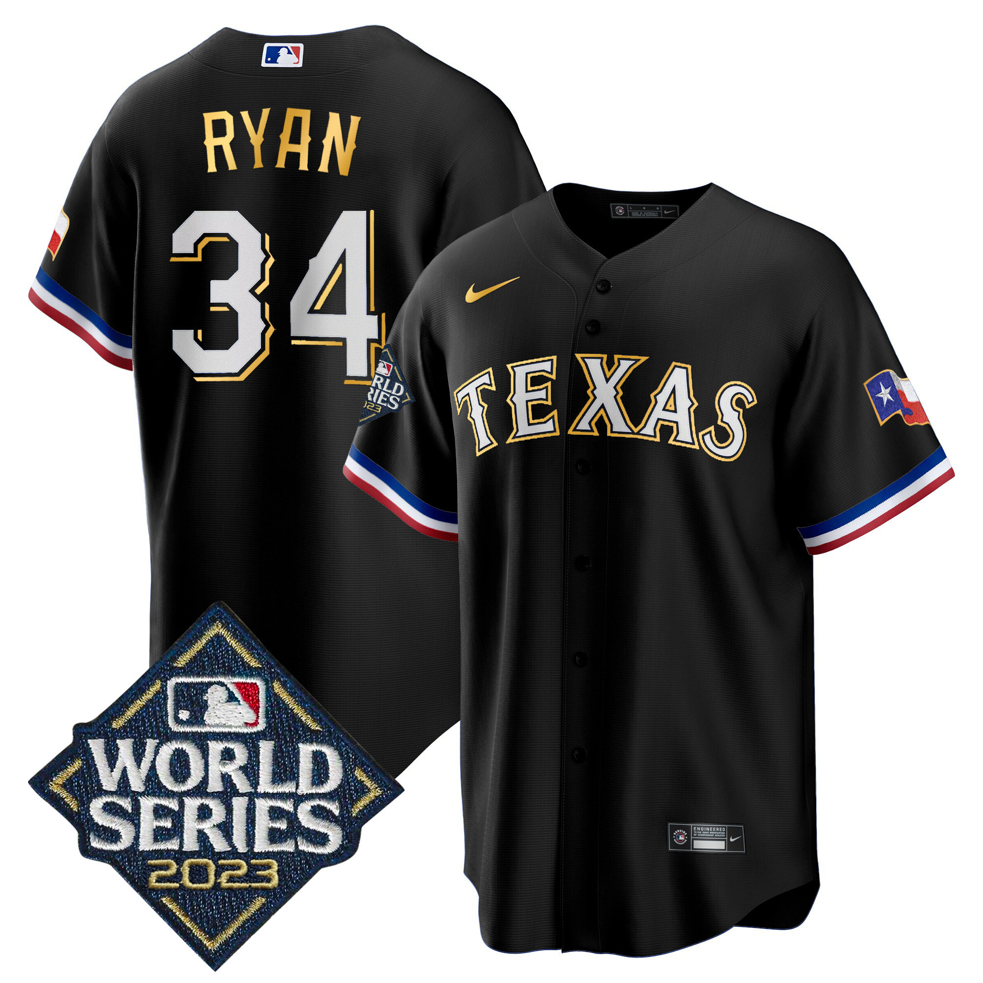 Nolan Ryan Men's Texas Rangers 2023 World Series Cool Base Gold Trim Black Jersey - All Stitched