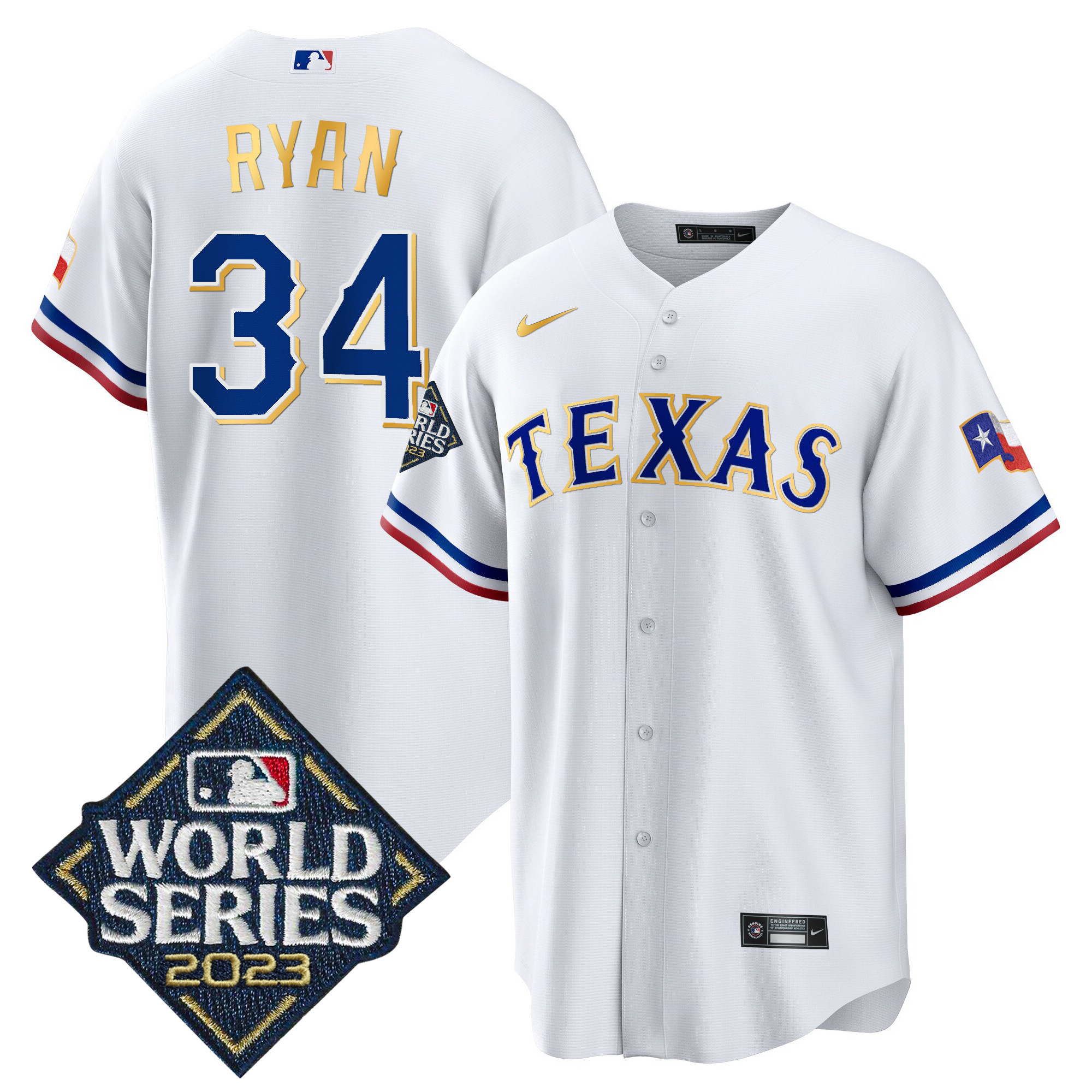 Nolan Ryan Men's Texas Rangers 2023 World Series Cool Base Gold Trim White Jersey - All Stitched