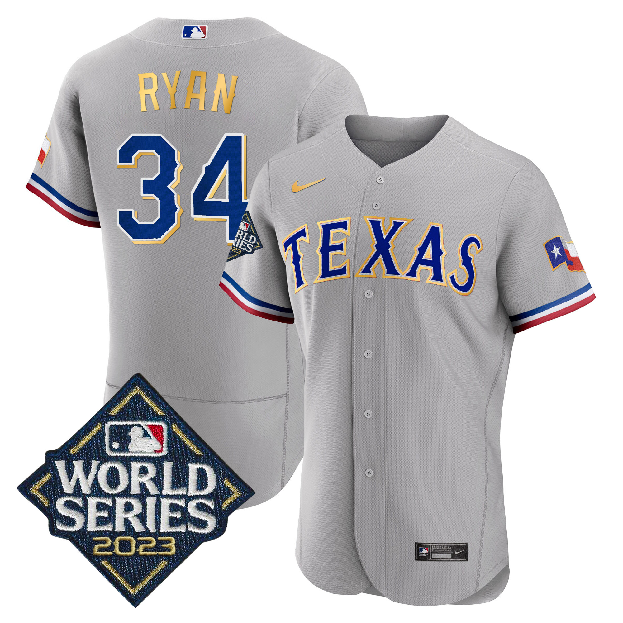 Nolan Ryan Men's Texas Rangers 2023 World Series Flex Base Gold Trim Gray Jersey - All Stitched