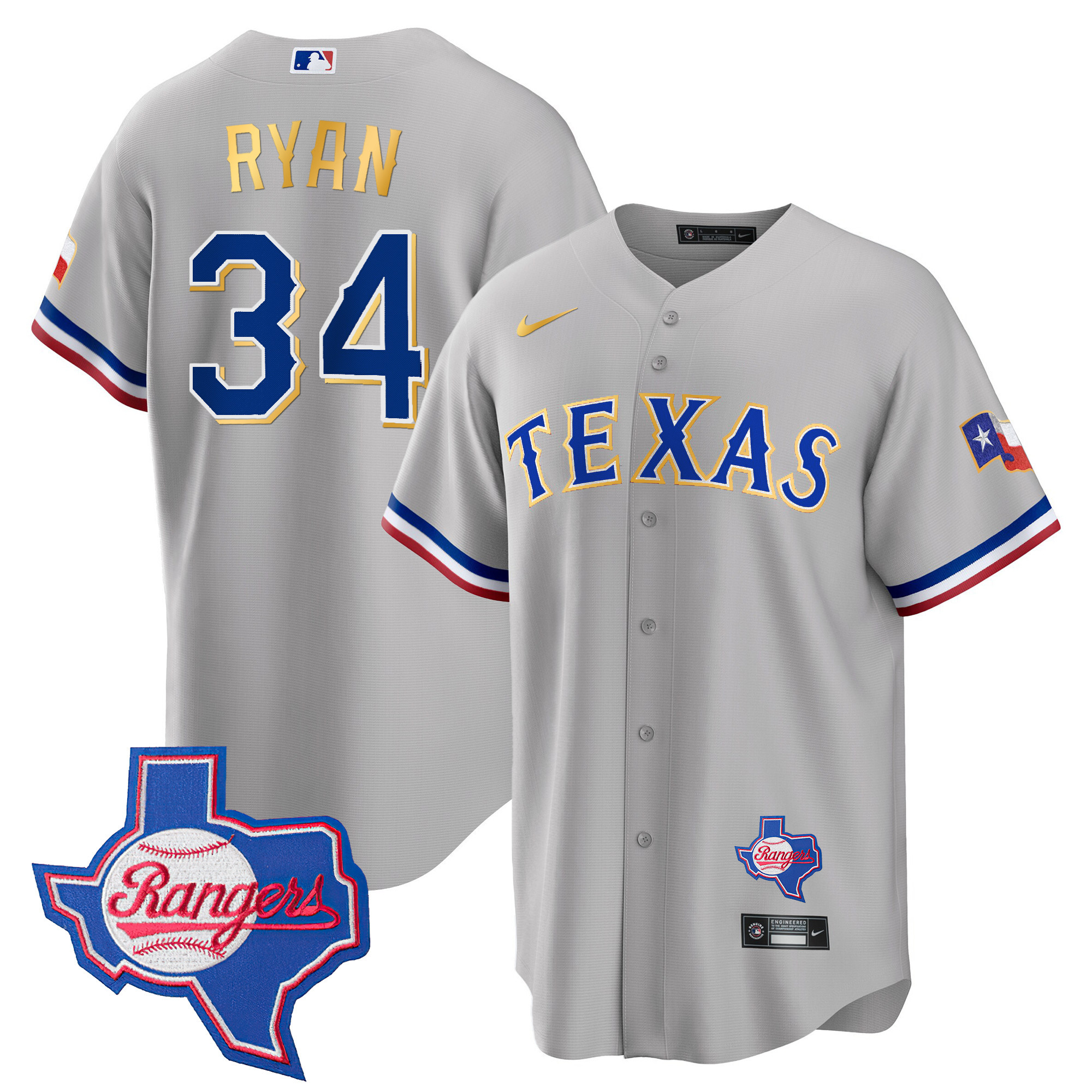 Nolan Ryan Men's Texas Rangers Gold Trim Cool Base - Texas Patch Gray Jersey - All Stitched