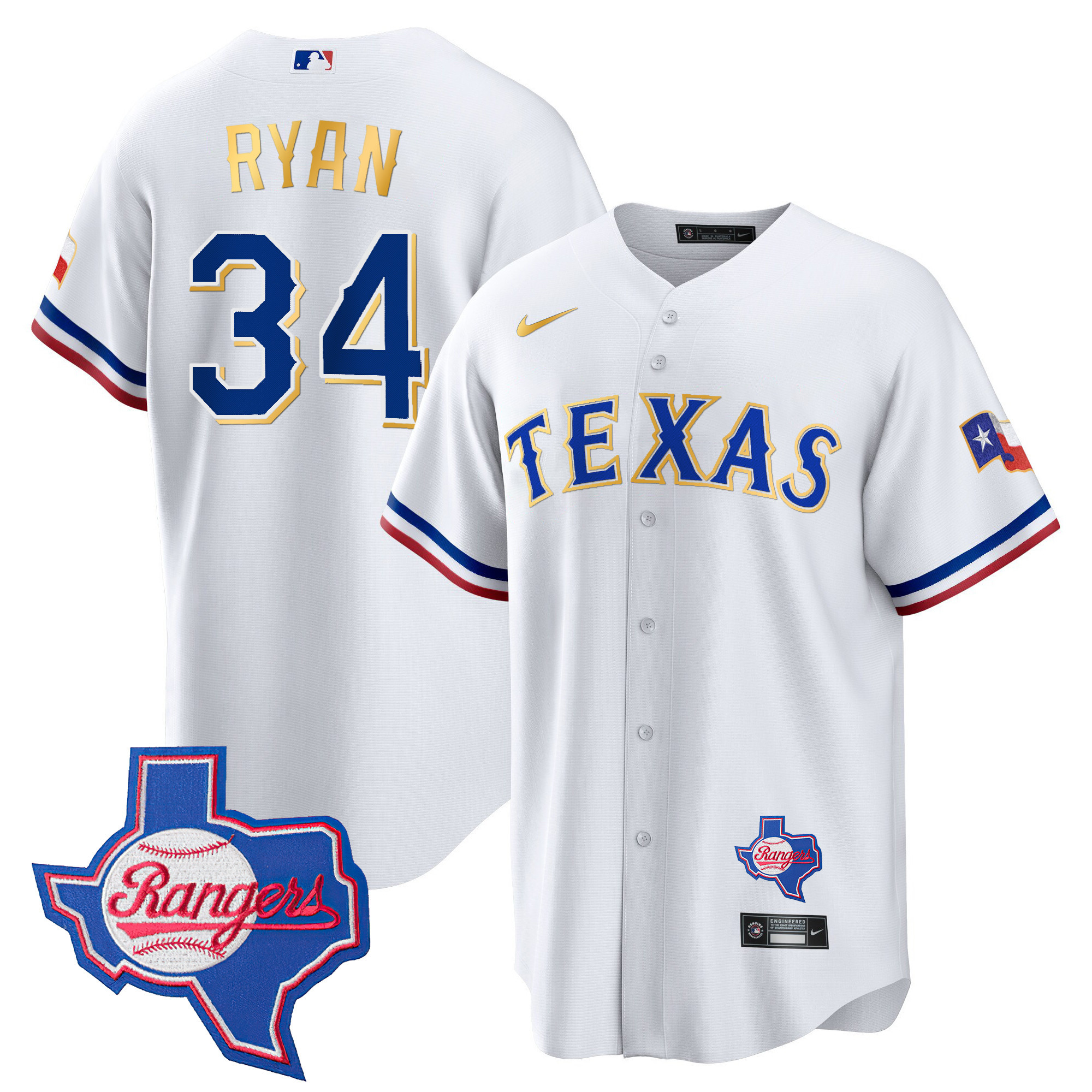 Nolan Ryan Men's Texas Rangers Gold Trim Cool Base - Texas Patch White Jersey - All Stitched