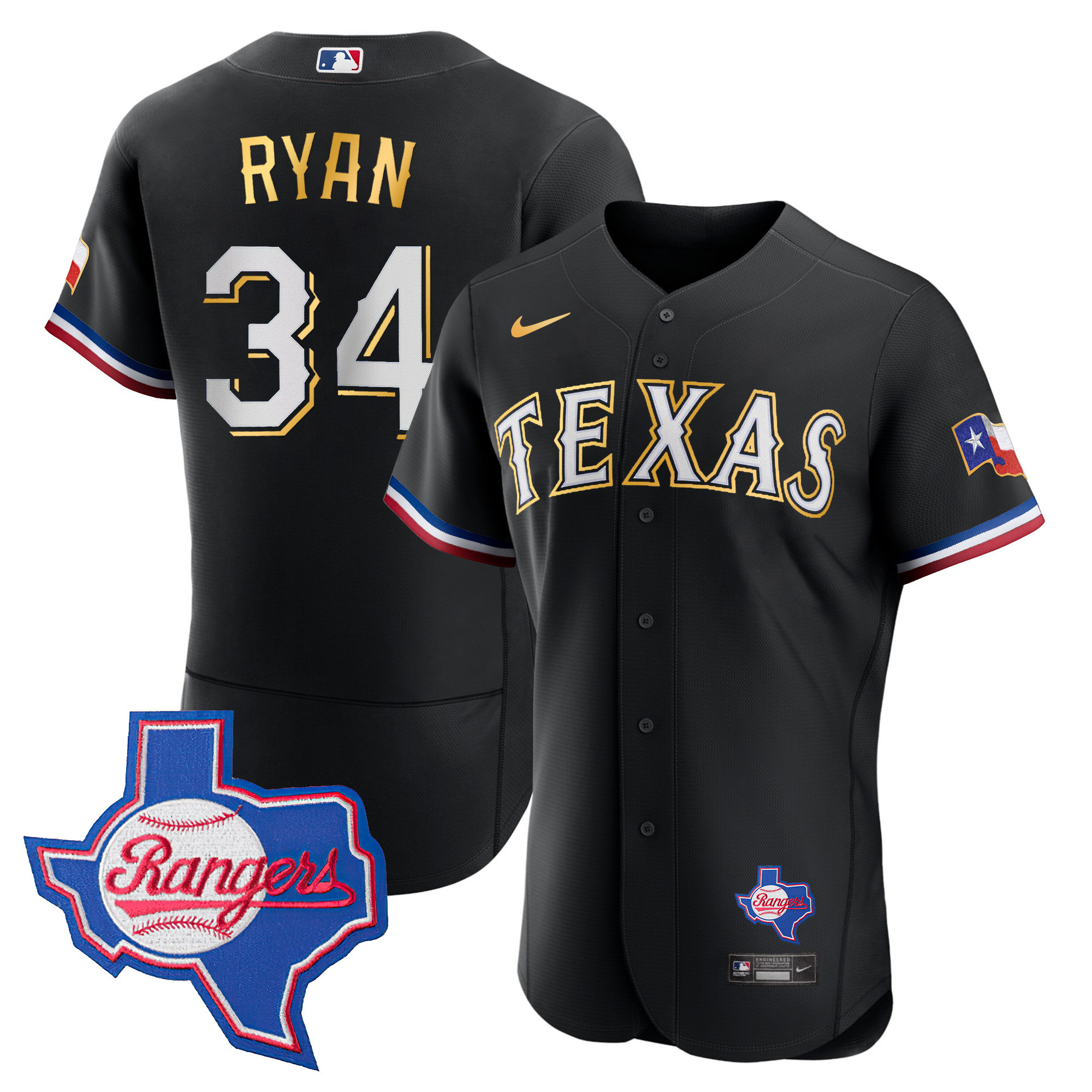 Nolan Ryan Men's Texas Rangers Gold Trim Flex Base - Texas Patch Black Jersey - All Stitched