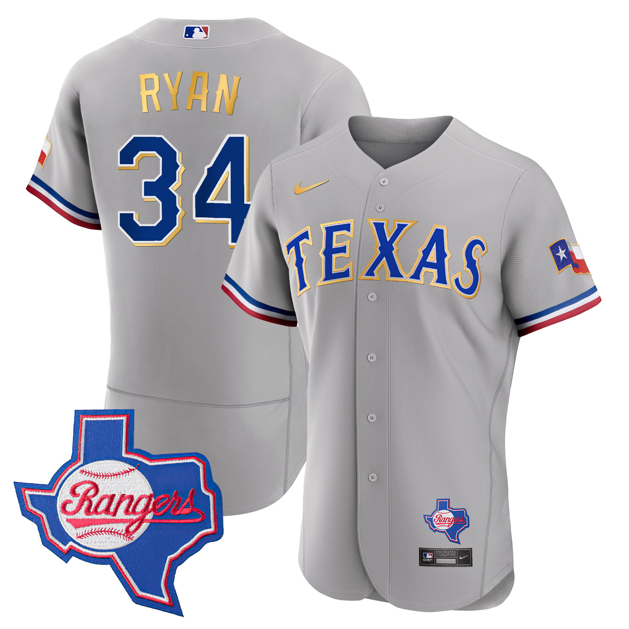 Nolan Ryan Men's Texas Rangers Gold Trim Flex Base - Texas Patch Gray Jersey - All Stitched