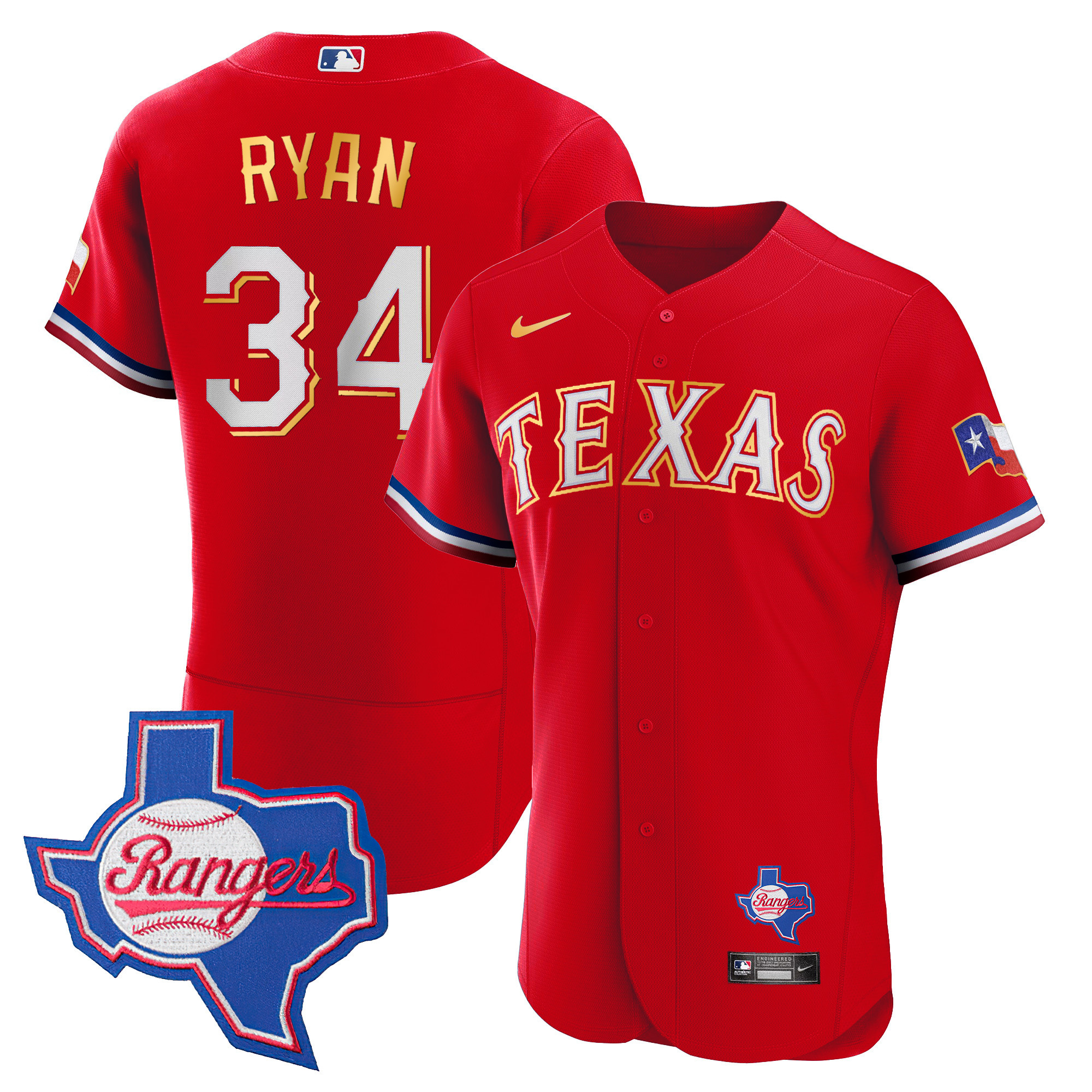 Nolan Ryan Men's Texas Rangers Gold Trim Flex Base - Texas Patch Red Jersey - All Stitched