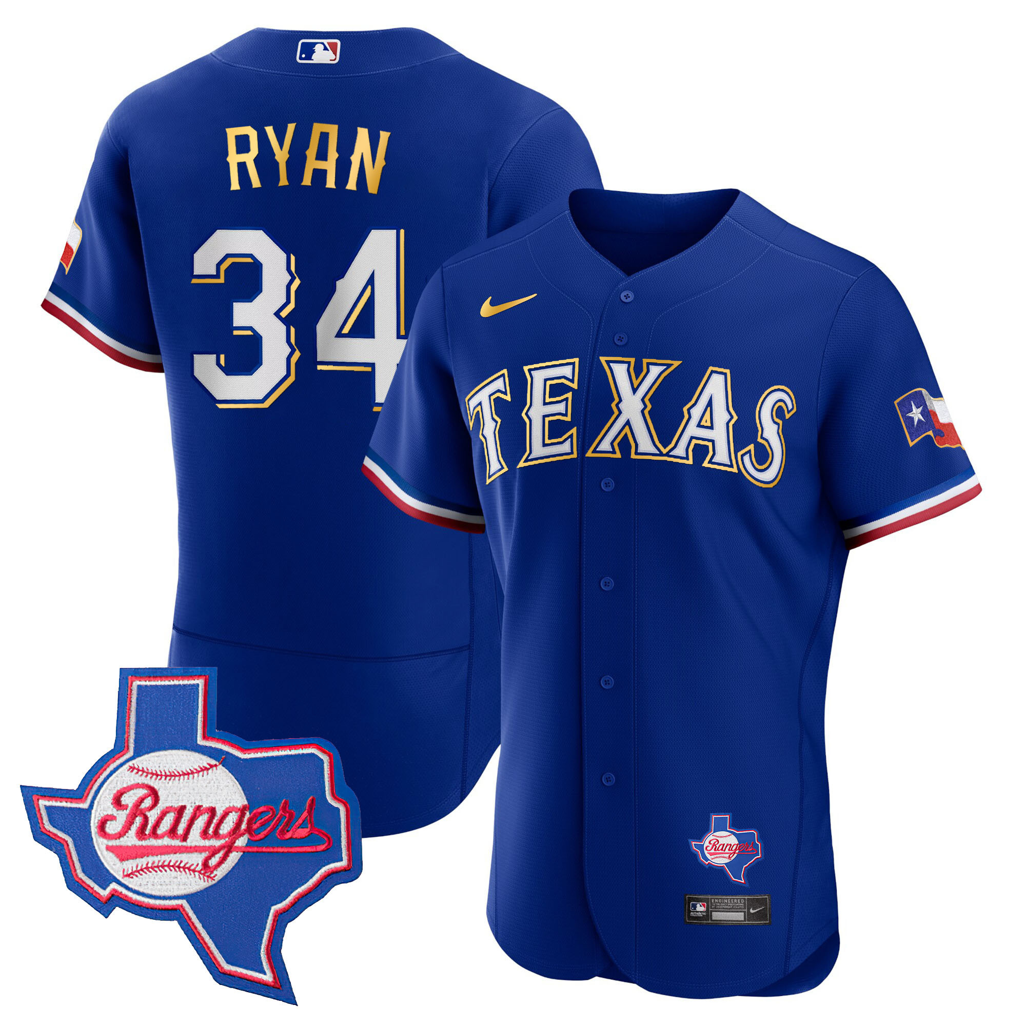 Nolan Ryan Men's Texas Rangers Gold Trim Flex Base - Texas Patch Royal Jersey - All Stitched