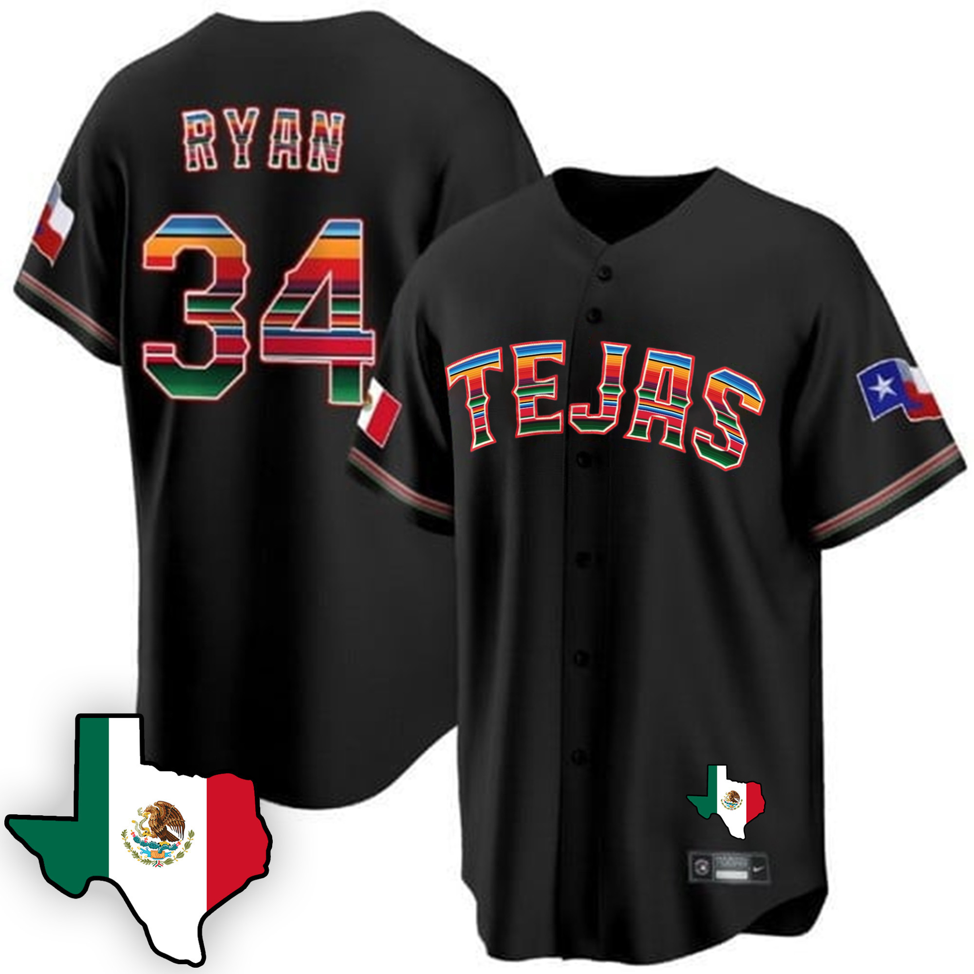 Nolan Ryan Men's Texas Rangers Mexican Cool Base V3 Black Jersey - All Stitched
