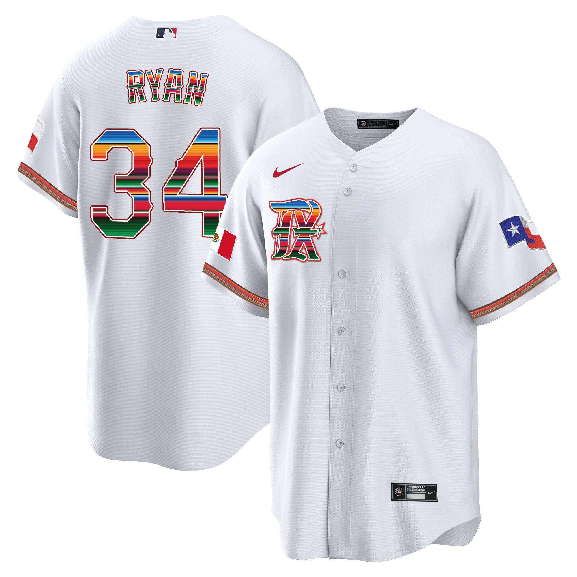 Nolan Ryan Men's Texas Rangers Mexican Heritage Night Cool Base - City Connect White Jersey - All Stitched