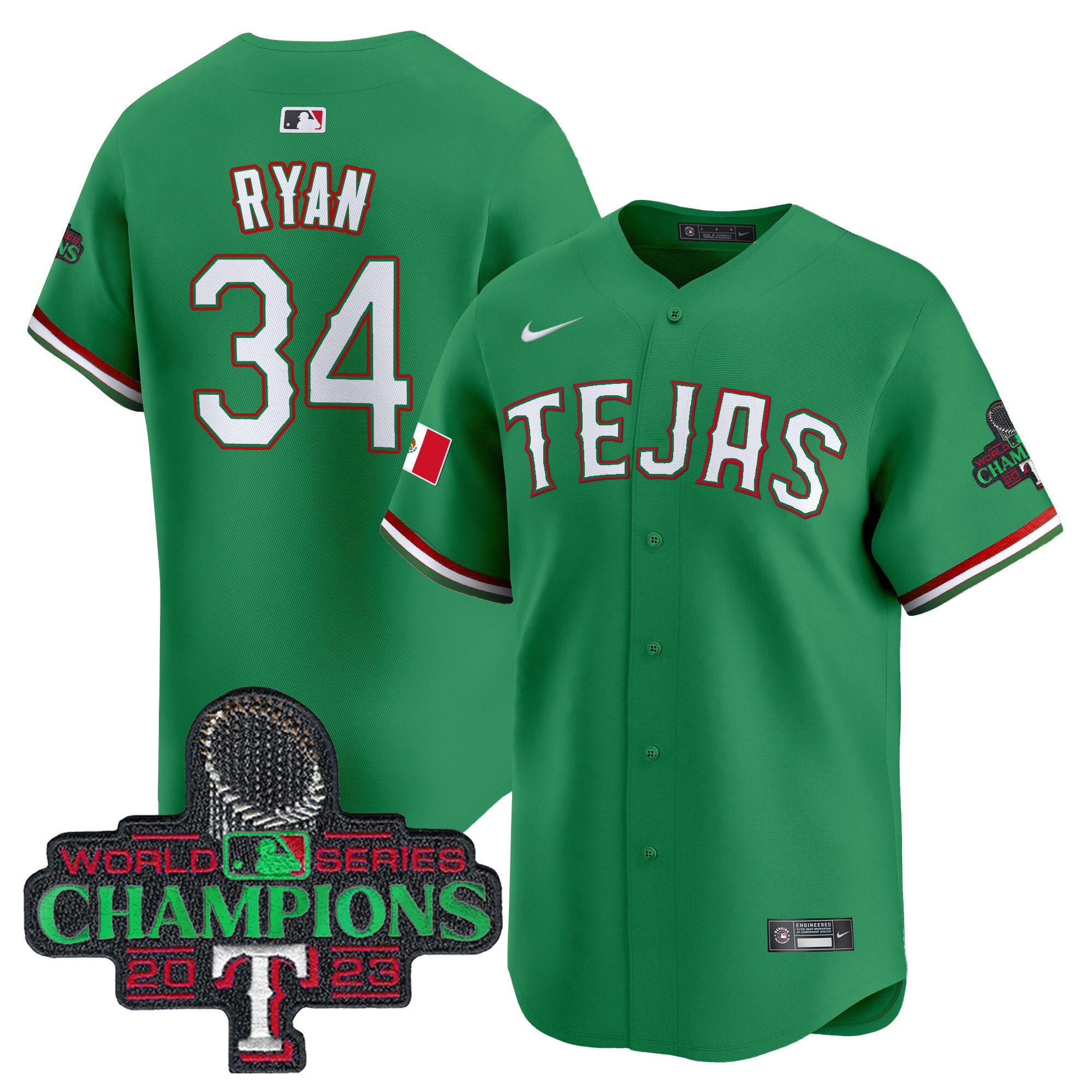 Nolan Ryan Men's Texas Rangers Mexico Champions Patch Vapor Premier Limited Green Jersey - All Stitched