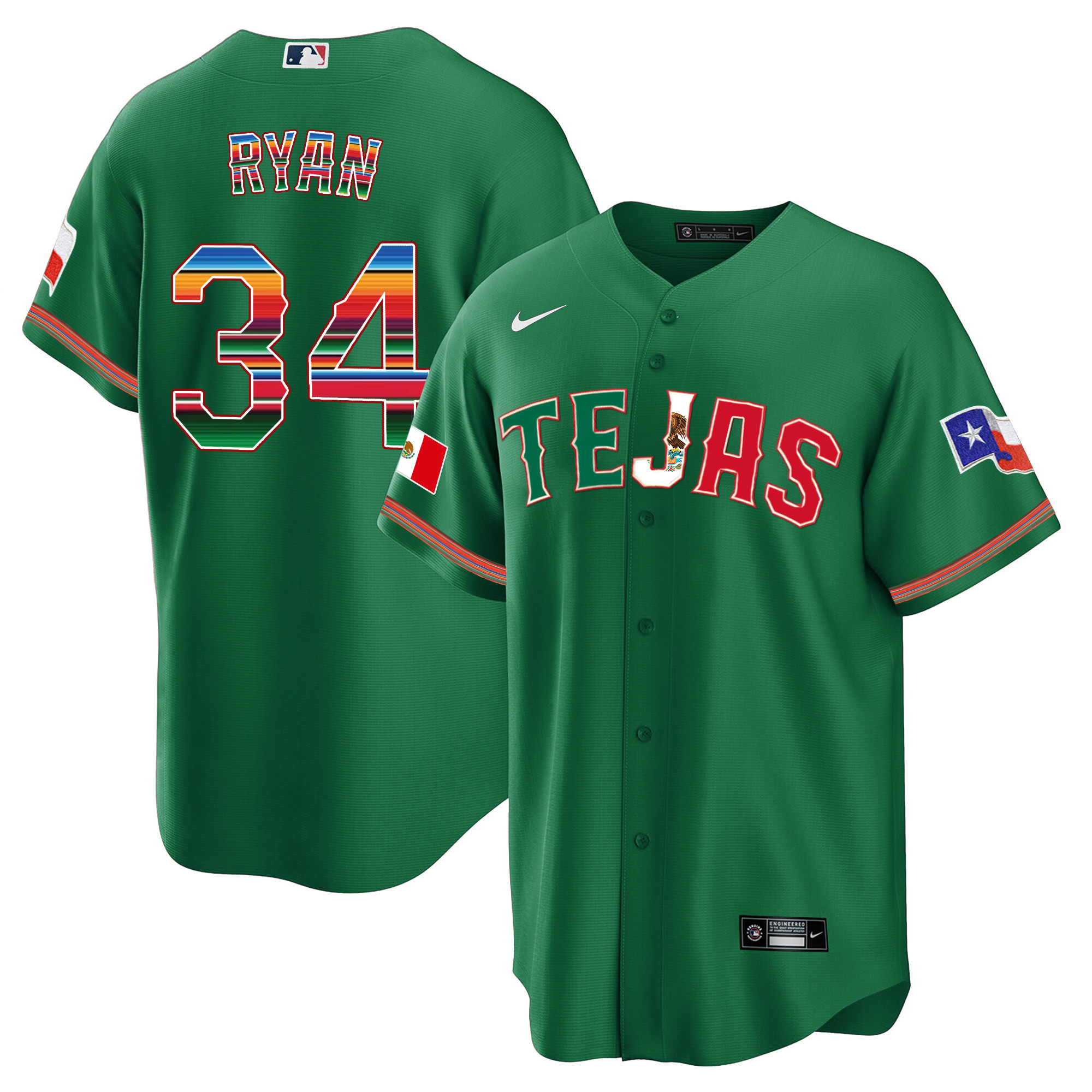 Nolan Ryan Men's Texas Rangers Mexico Flag Green Jersey - All Stitched