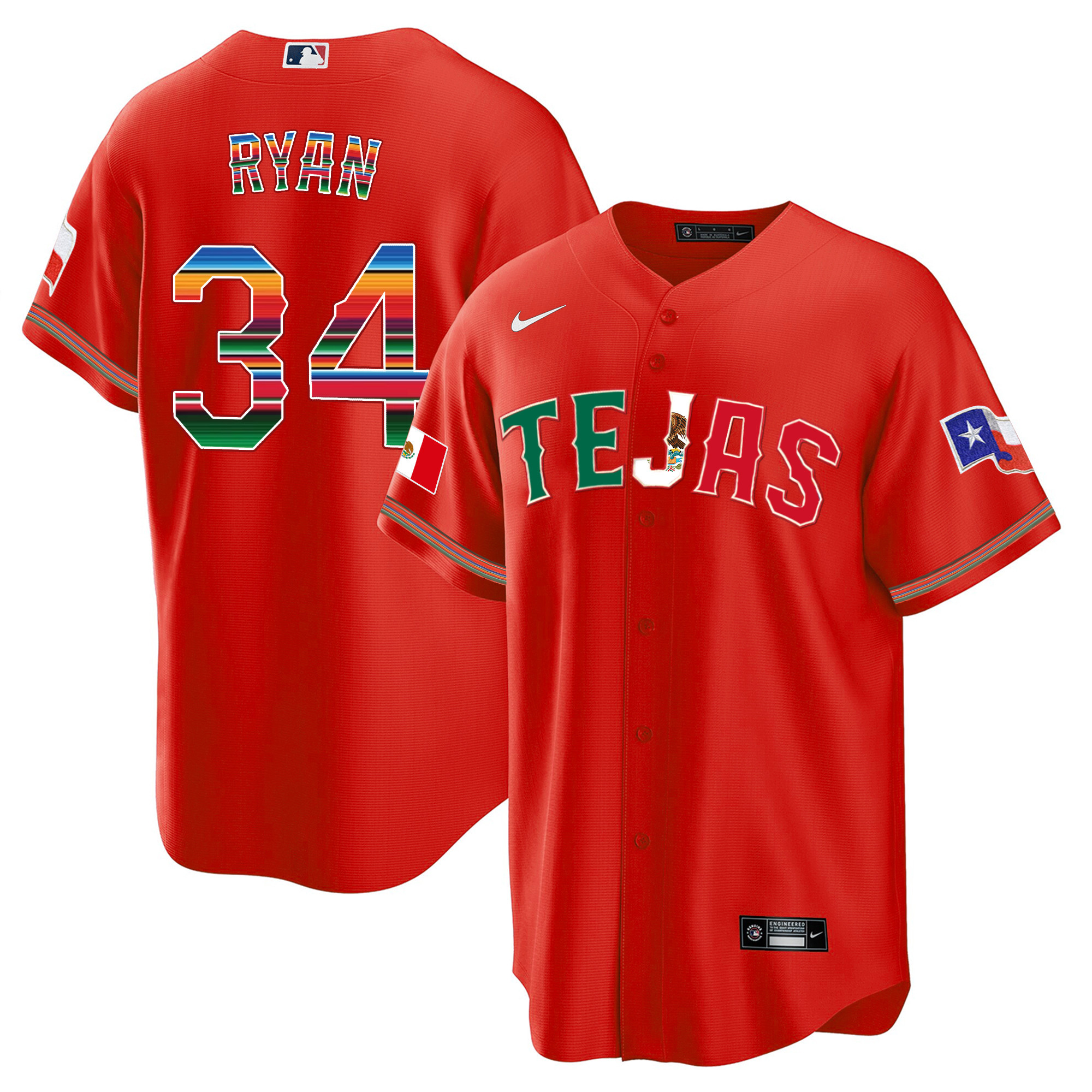Nolan Ryan Men's Texas Rangers Mexico Flag Red Jersey - All Stitched