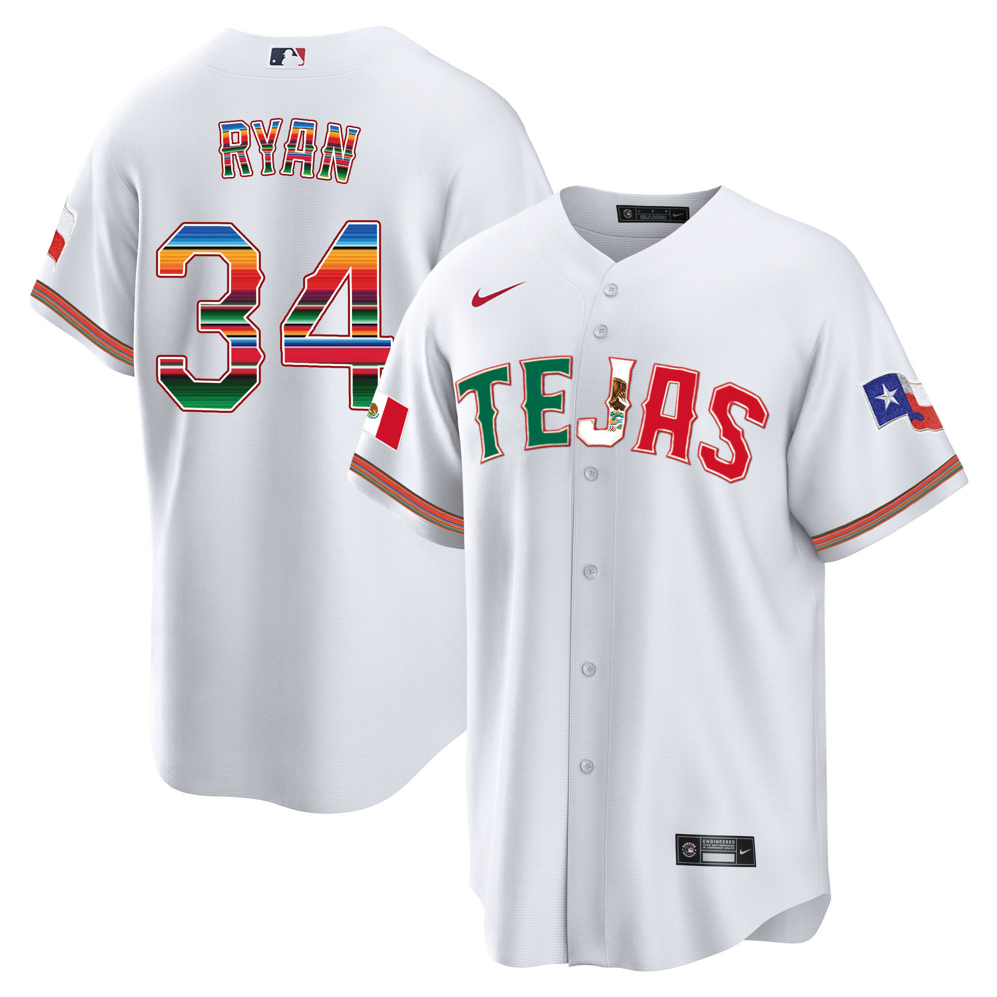 Nolan Ryan Men's Texas Rangers Mexico Flag White Jersey - All Stitched