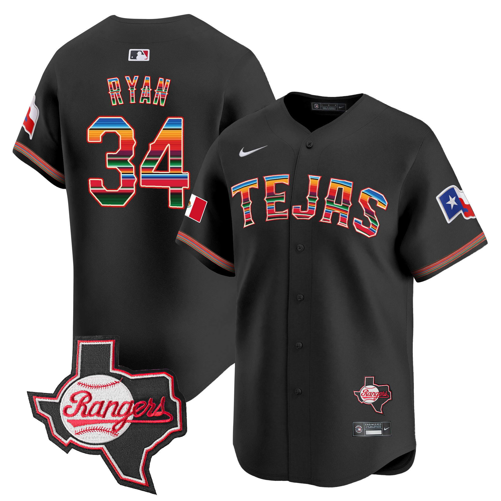 Nolan Ryan Men's Texas Rangers Mexico Texas Patch Vapor Premier Limited Black Jersey - All Stitched