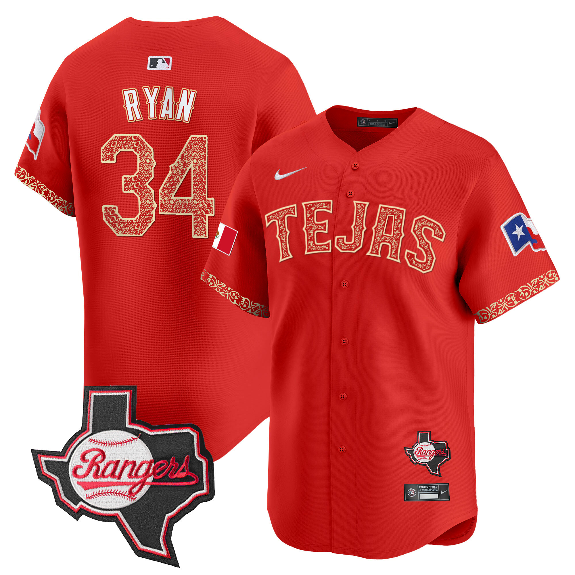 Nolan Ryan Men's Texas Rangers Mexico Texas Patch Vapor Premier Limited Red Jersey - All Stitched