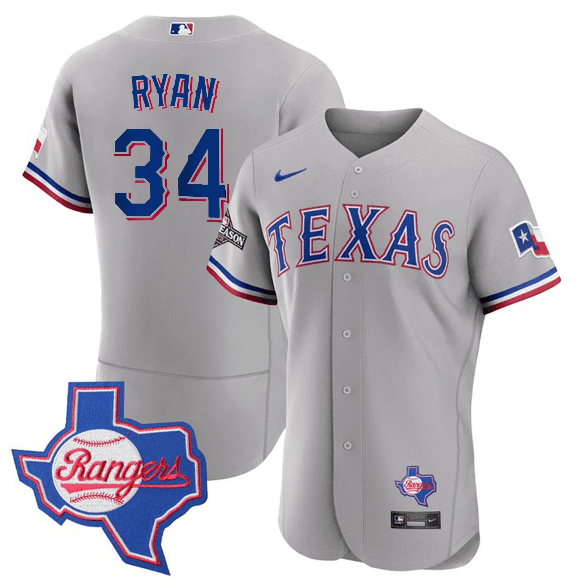 Nolan Ryan Men's Texas Rangers Texas State Patch Gray Jersey - All Stitched
