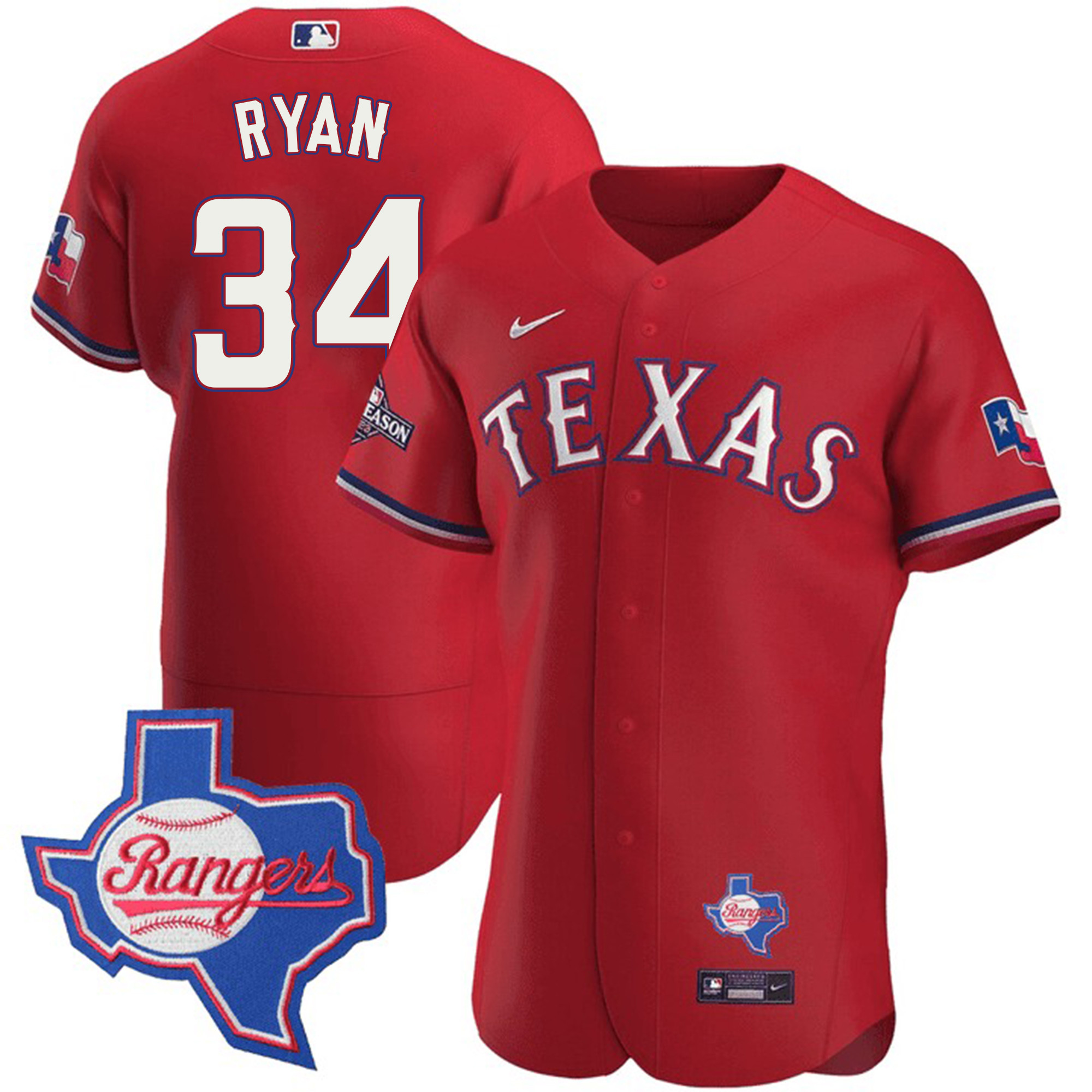 Nolan Ryan Men's Texas Rangers Texas State Patch Red Jersey - All Stitched