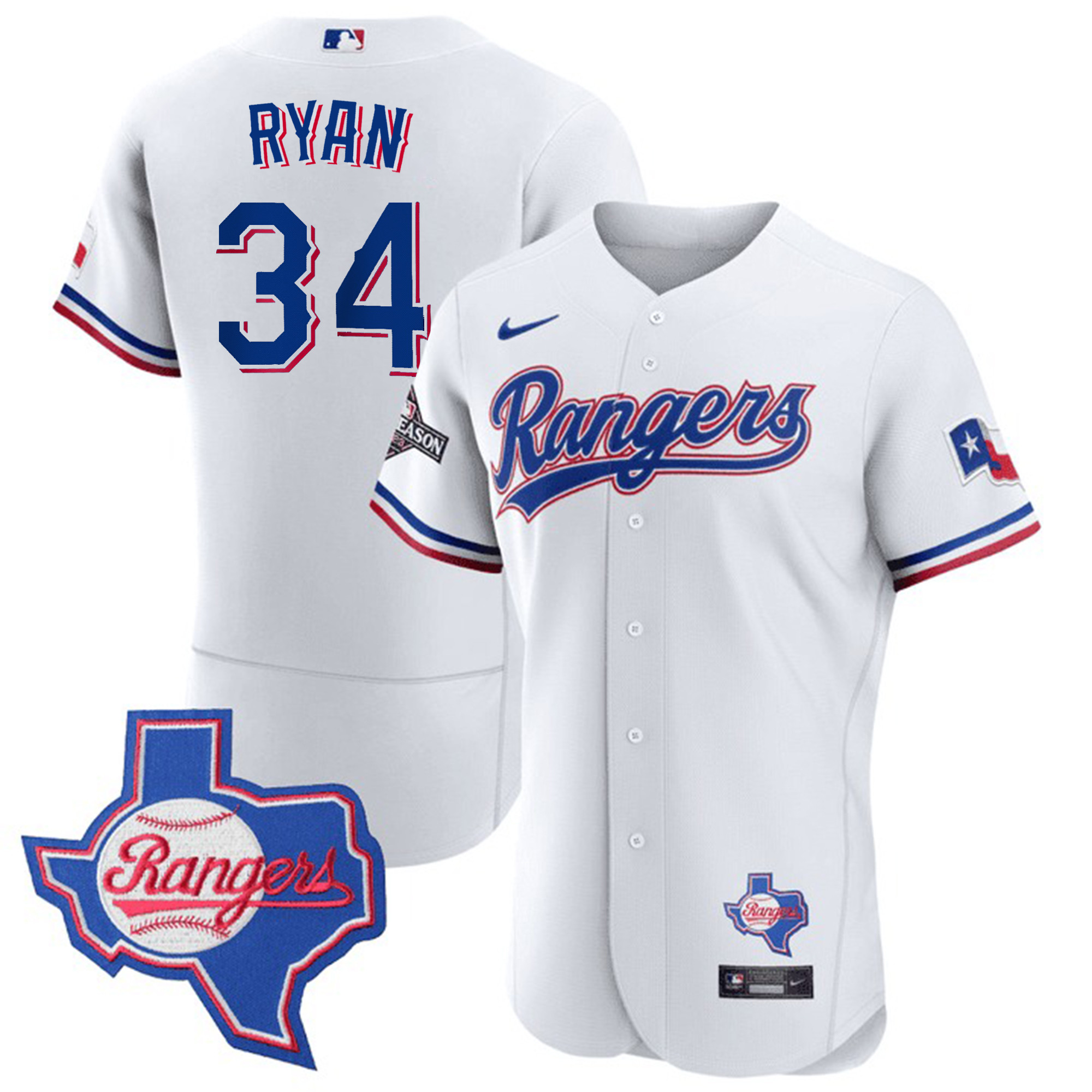 Nolan Ryan Men's Texas Rangers Texas State Patch White Jersey - All Stitched