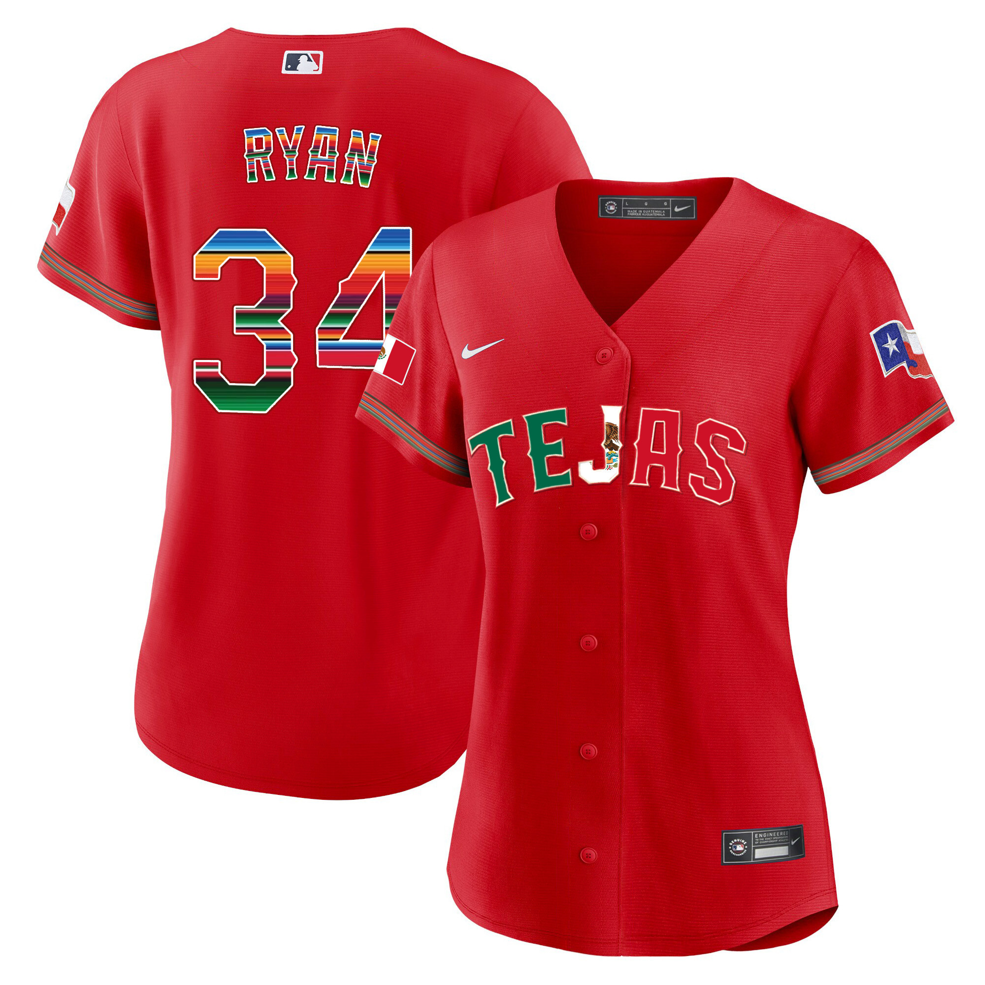 Nolan Ryan Women's Texas Rangers Mexico Flag Red Jersey - All Stitched