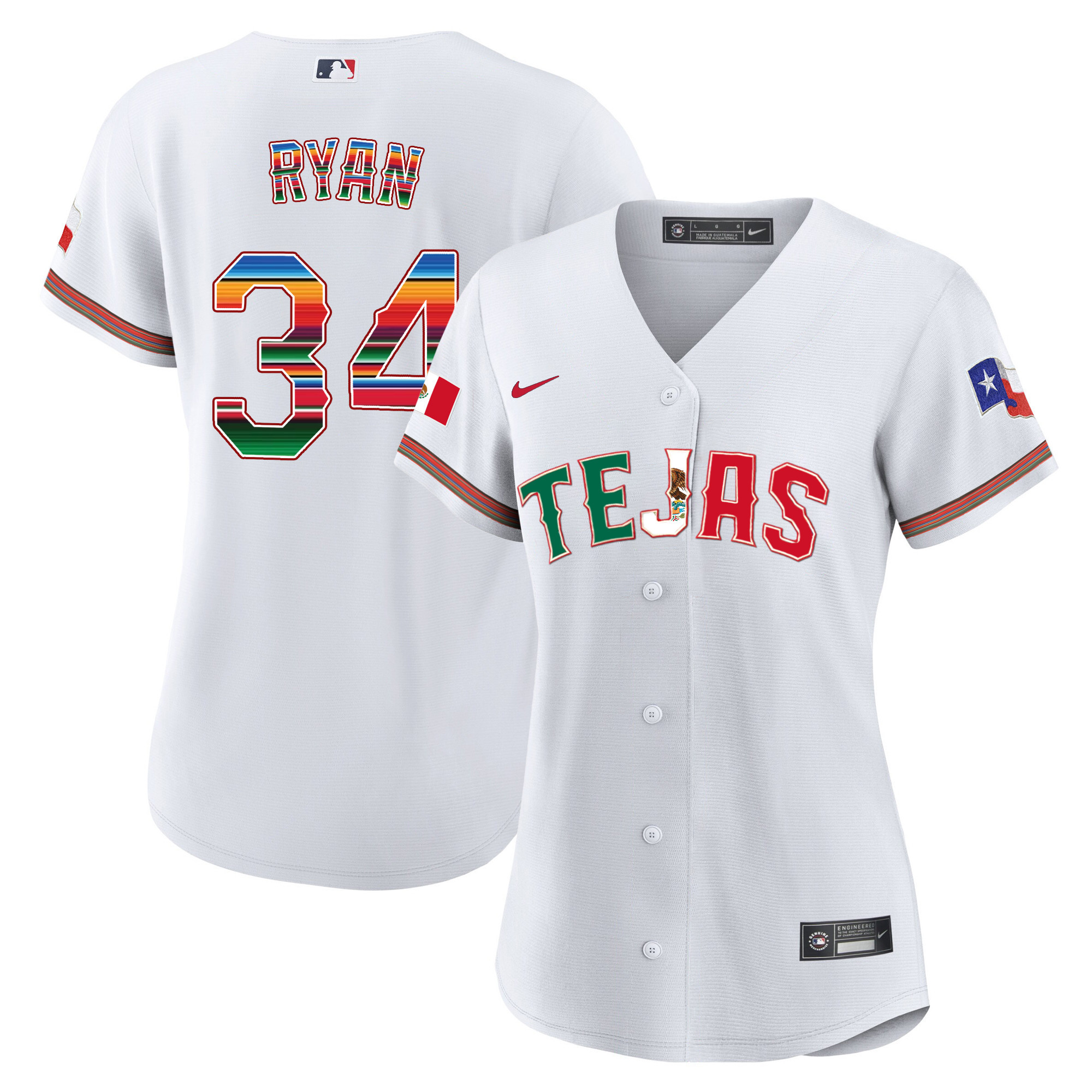 Nolan Ryan Women's Texas Rangers Mexico Flag White Jersey - All Stitched