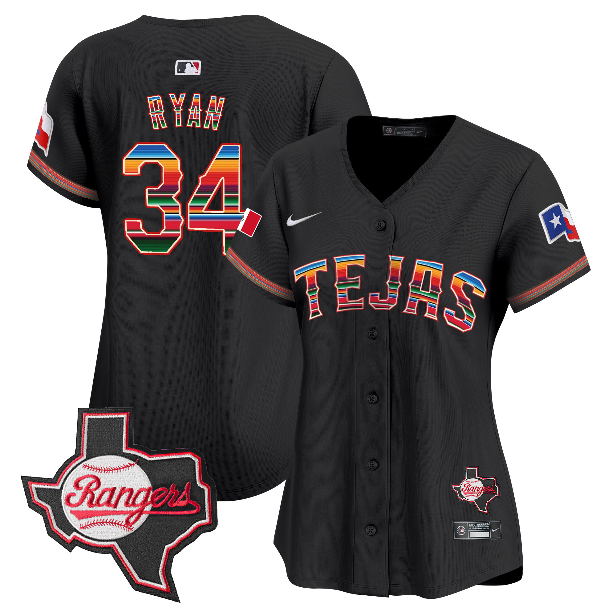 Nolan Ryan Women's Texas Rangers Mexico Texas Patch Vapor Premier Limited Black Jersey - All Stitched