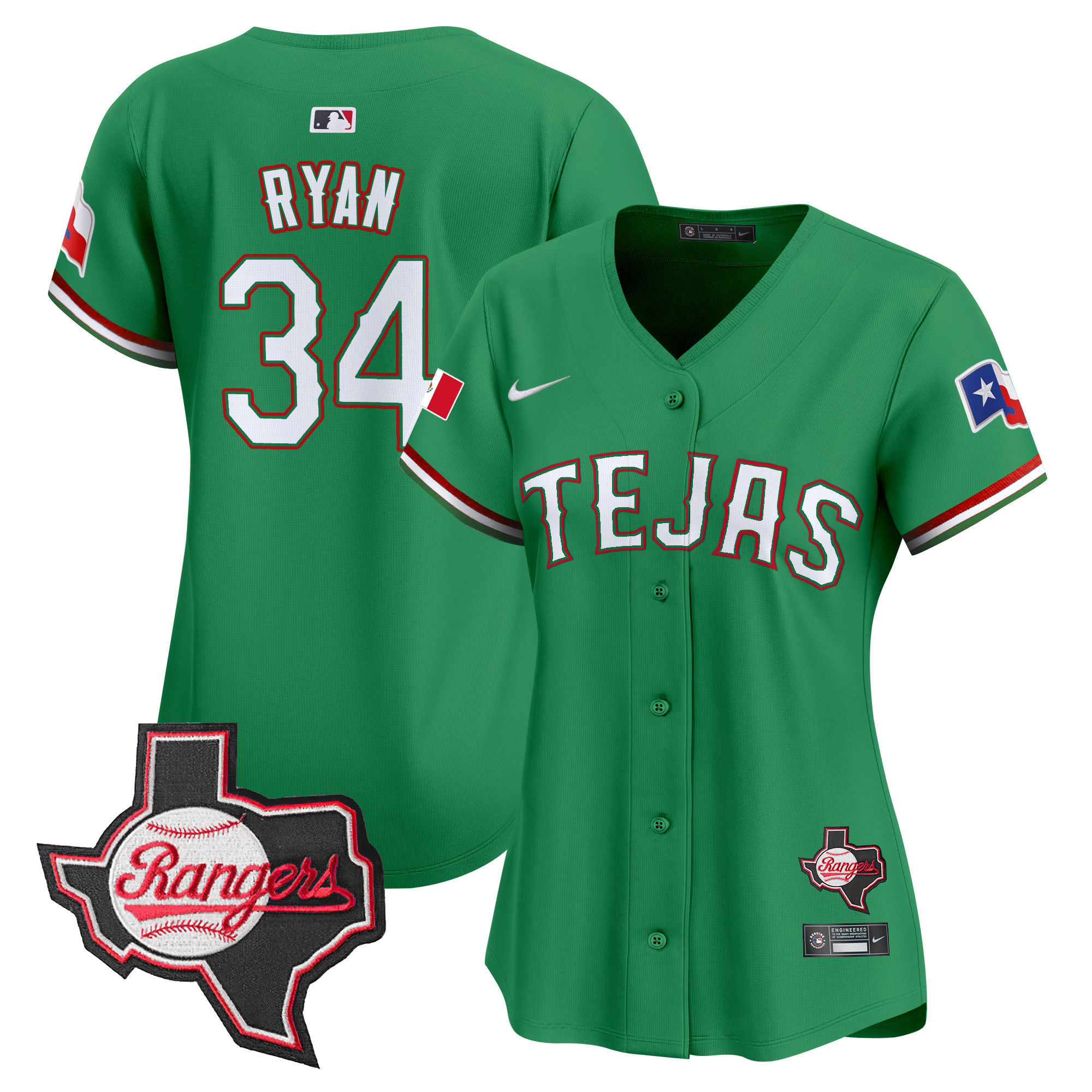 Nolan Ryan Women's Texas Rangers Mexico Texas Patch Vapor Premier Limited Green Jersey - All Stitched