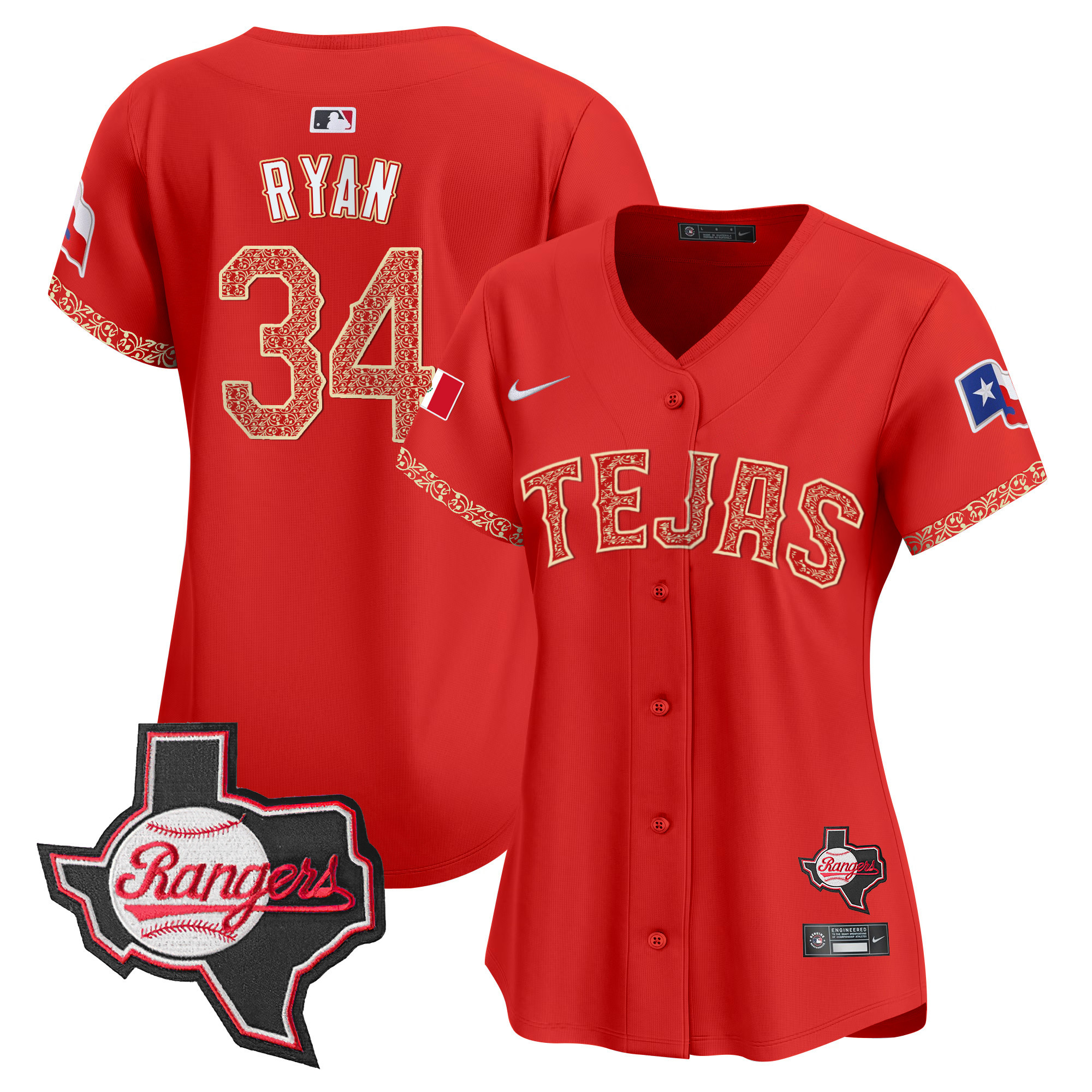 Nolan Ryan Women's Texas Rangers Mexico Texas Patch Vapor Premier Limited Red Jersey - All Stitched