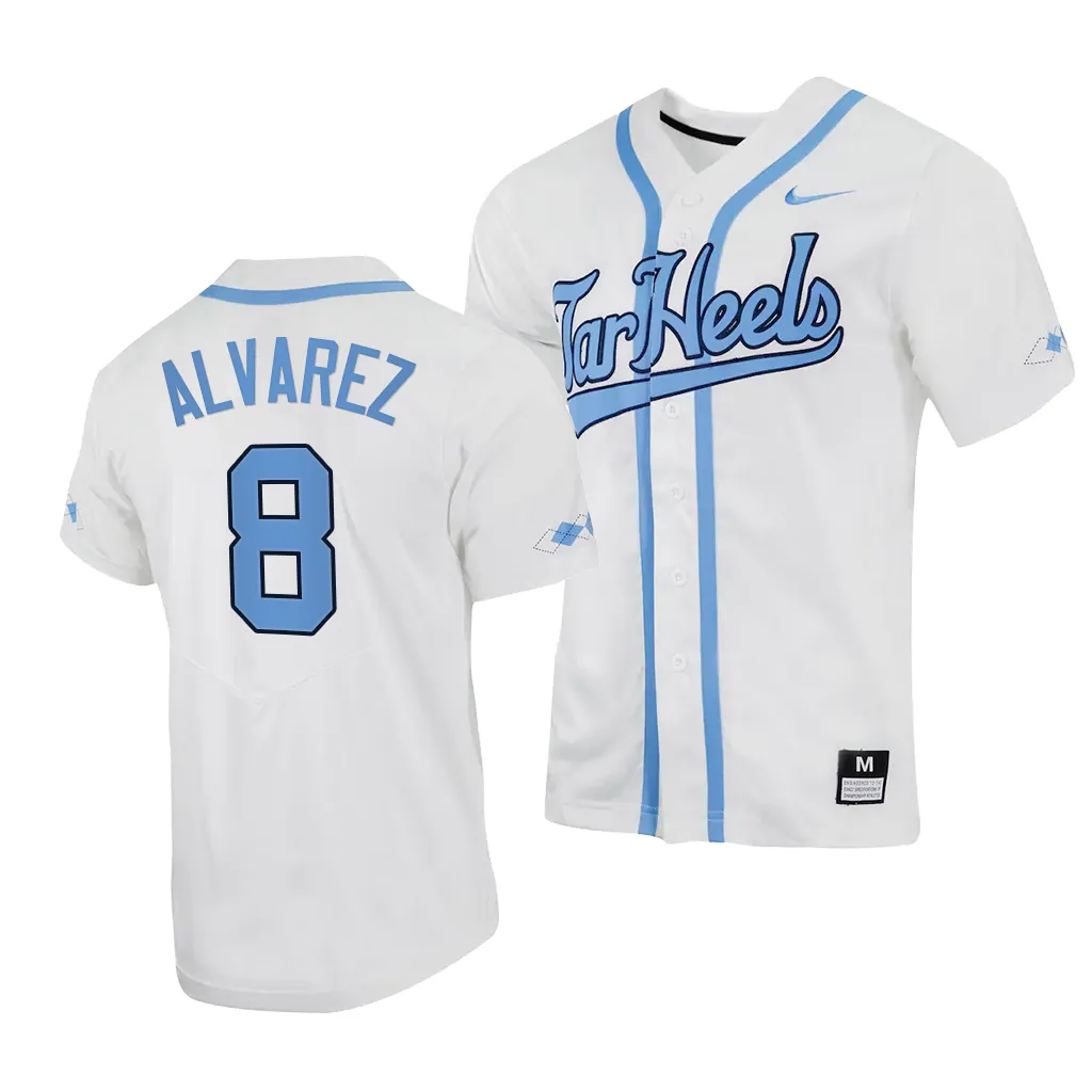 North Carolina Tar Heels Patrick Alvarez 2023 White #8 Jersey Full-Button