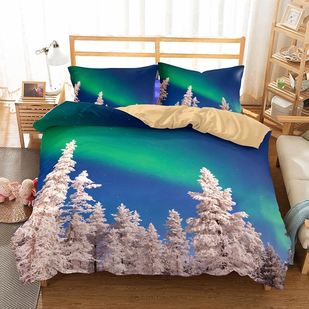 Northern Lights Aurora Overnowy Trees 3D Customized Duvet Cover Bedding Set