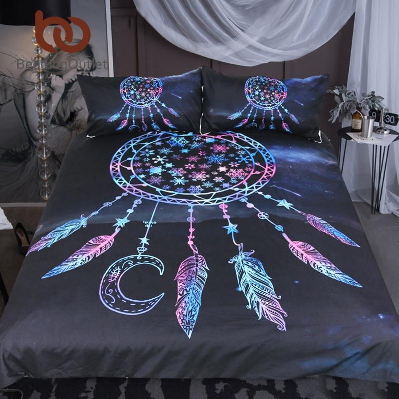 Nowflake Queen Dreamcatcher In The Night Boho Feathers Galaxy 3D Customized Duvet Cover Bedding Set