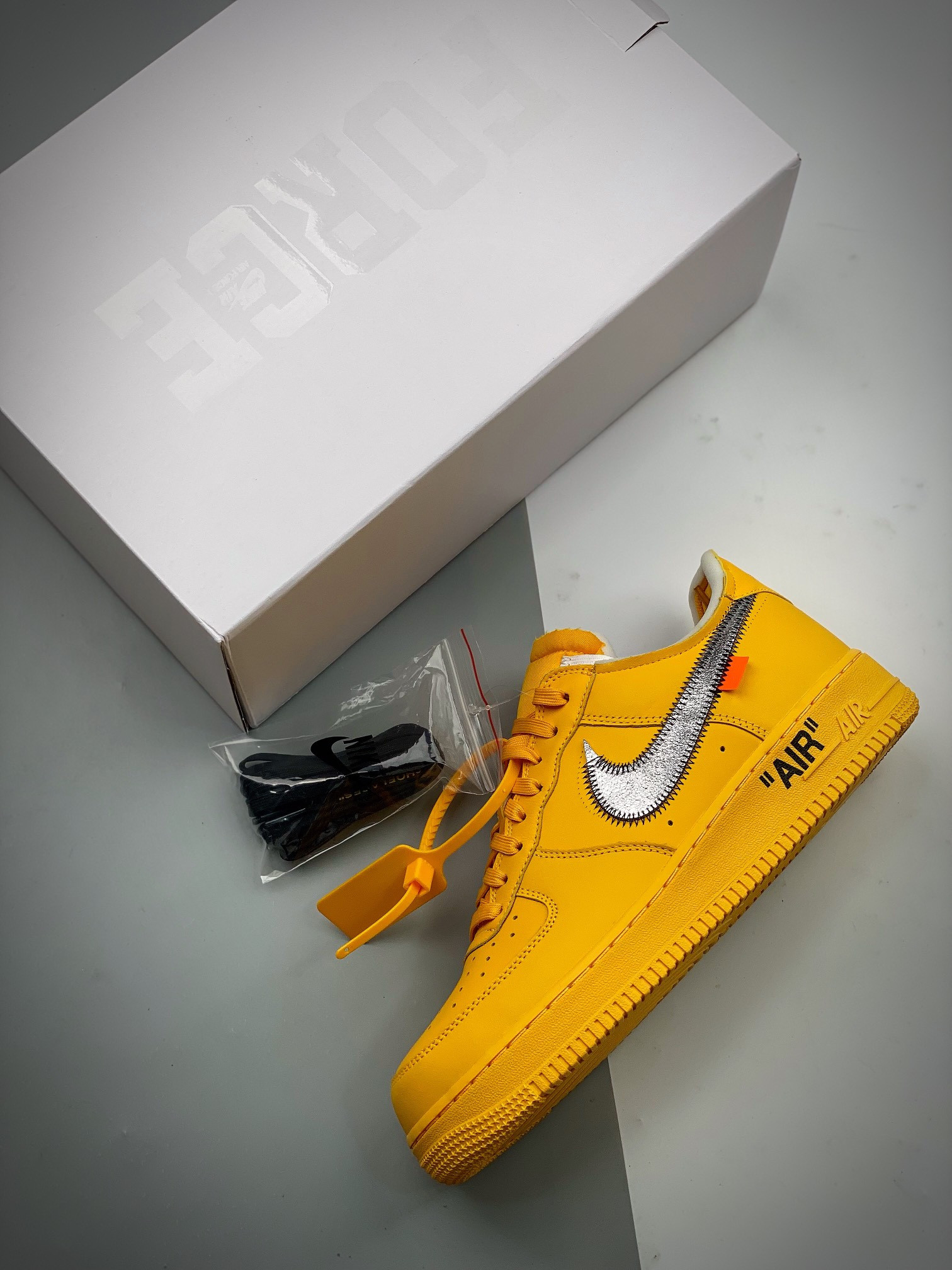 Off-White x Nike Air Force 1 Low University Gold/Black-Metallic Silver For Sale