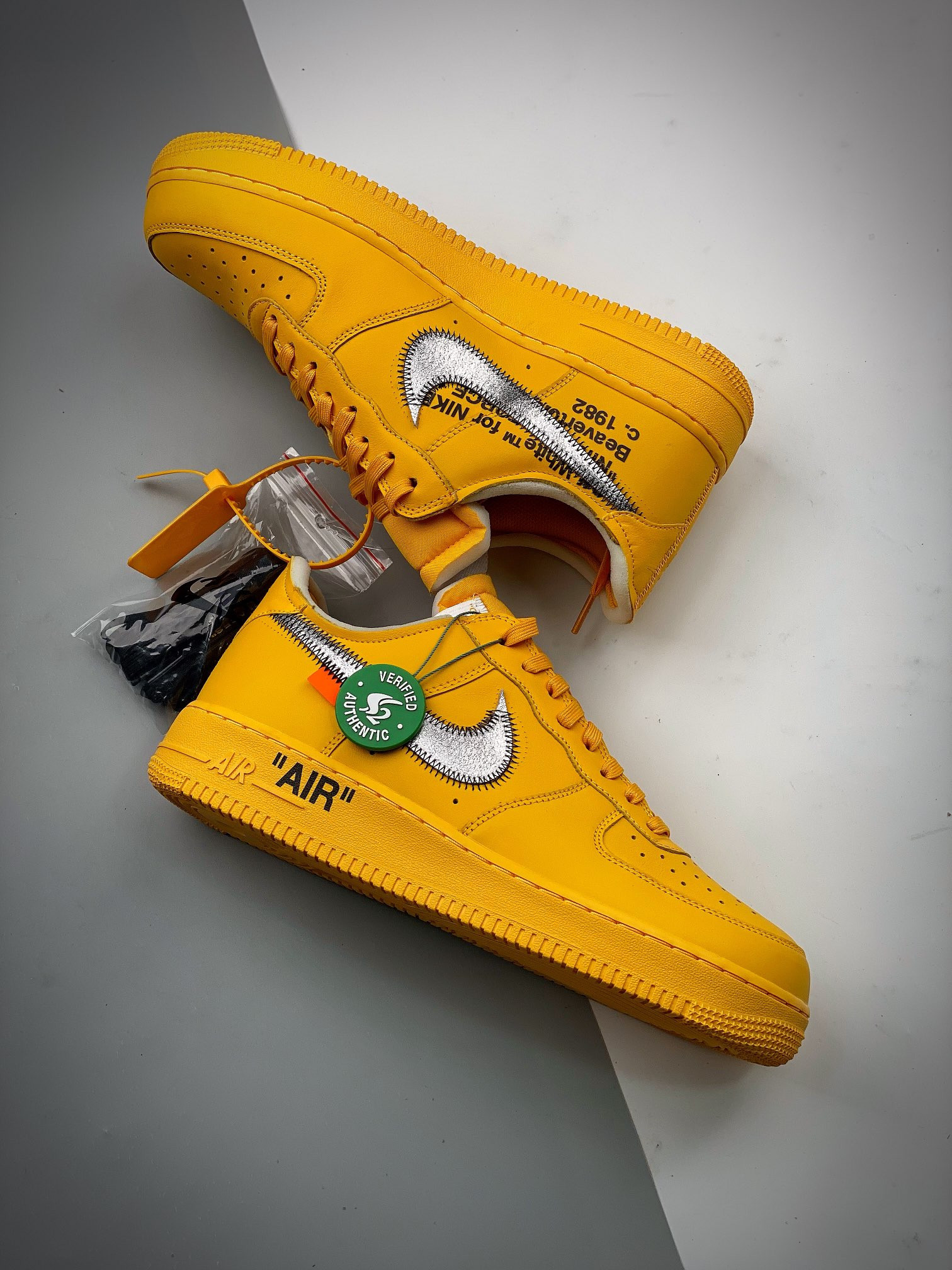 Off-White x Nike Air Force 1 Low University Gold/Black-Metallic Silver For Sale