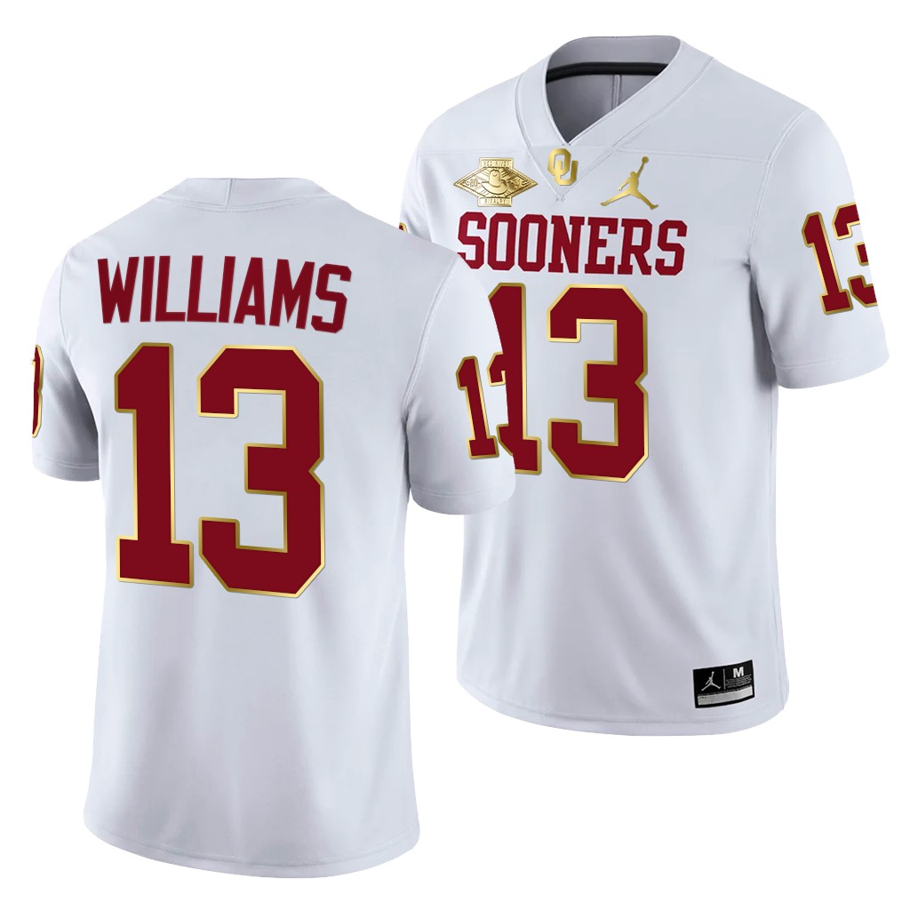 Oklahoma Sooners Caleb Williams 13 White 2021 Red River Showdown Golden Patch Jersey Men