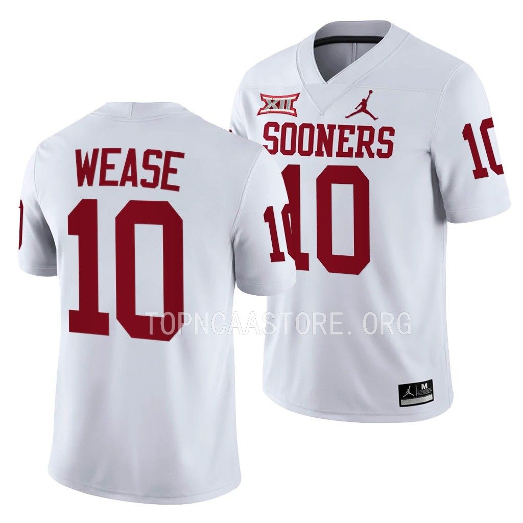 Oklahoma Sooners Theo Wease Jersey 2022 College White #10 Game Men's Shirt