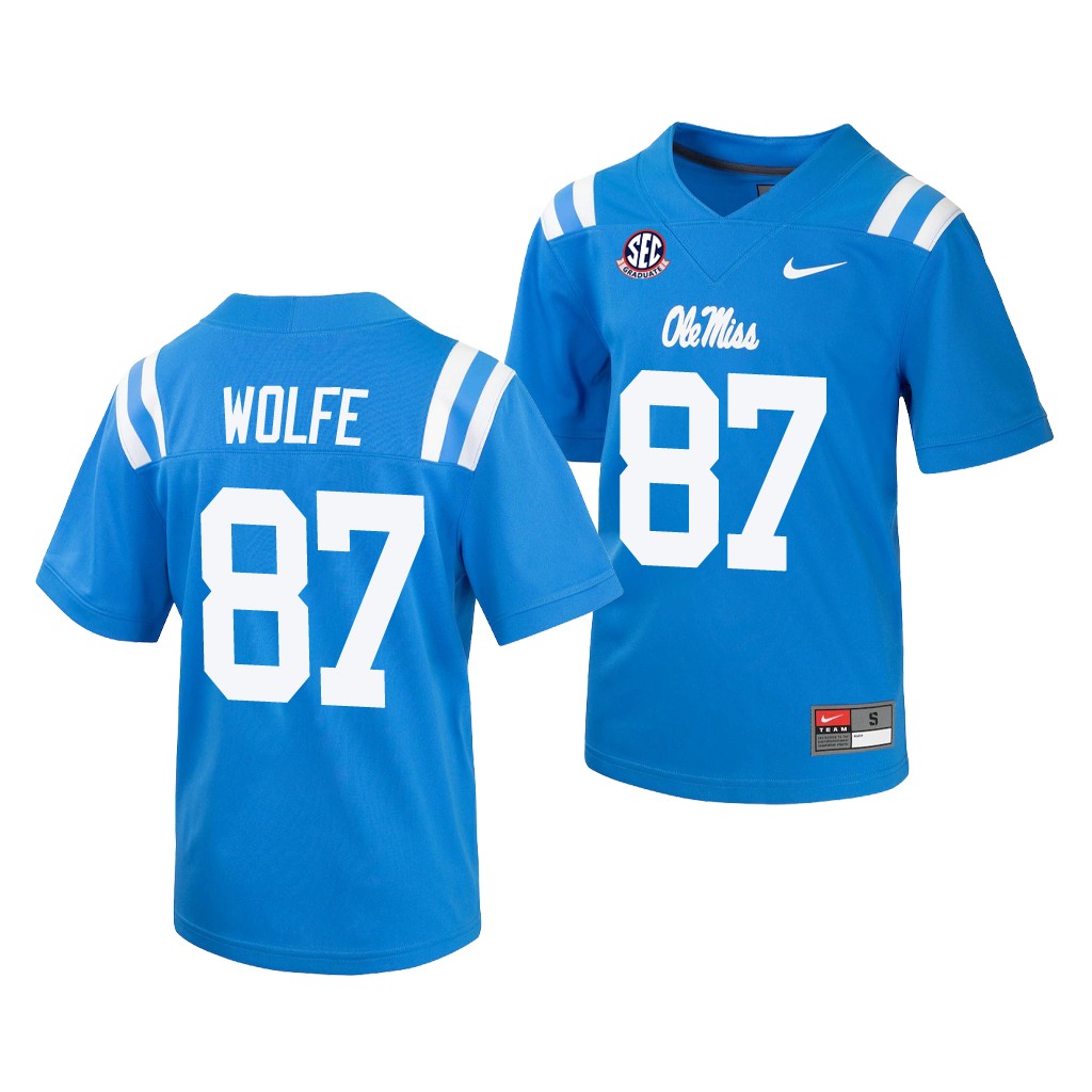 Ole Miss Rebels Hudson Wolfe 87 Powder Blue Jersey Men's College Uniform