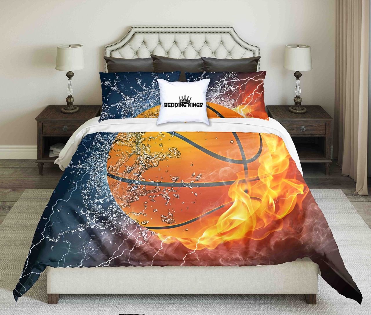 Orange Basketball On Firewater Design Kings 3D Customized Duvet Cover Bedding Set