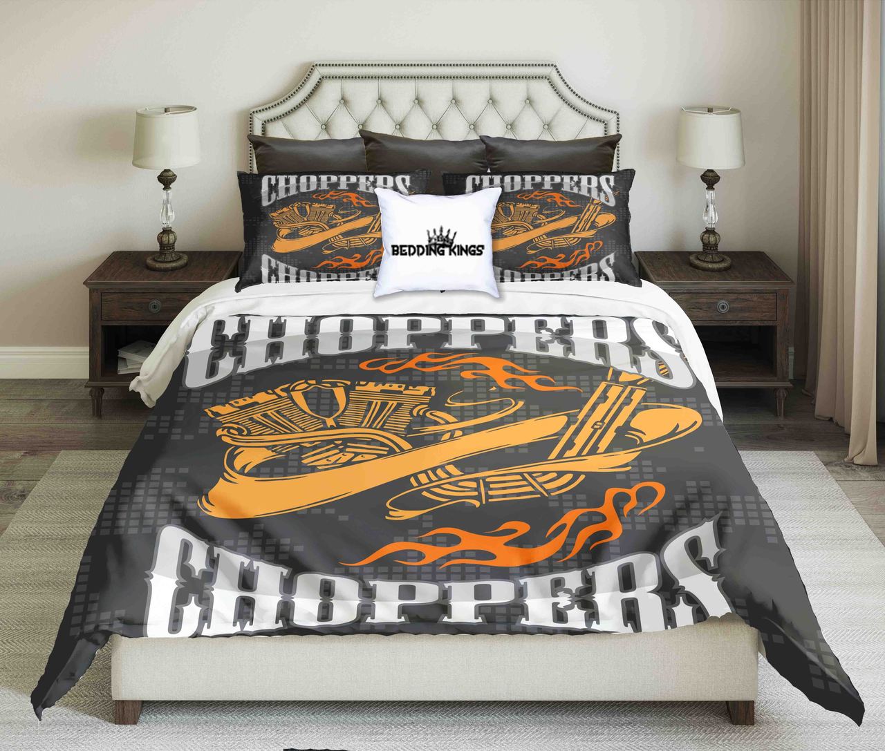 Orange Yellow On Black Background Choppers Design Kings 3D Customized Duvet Cover Bedding Set