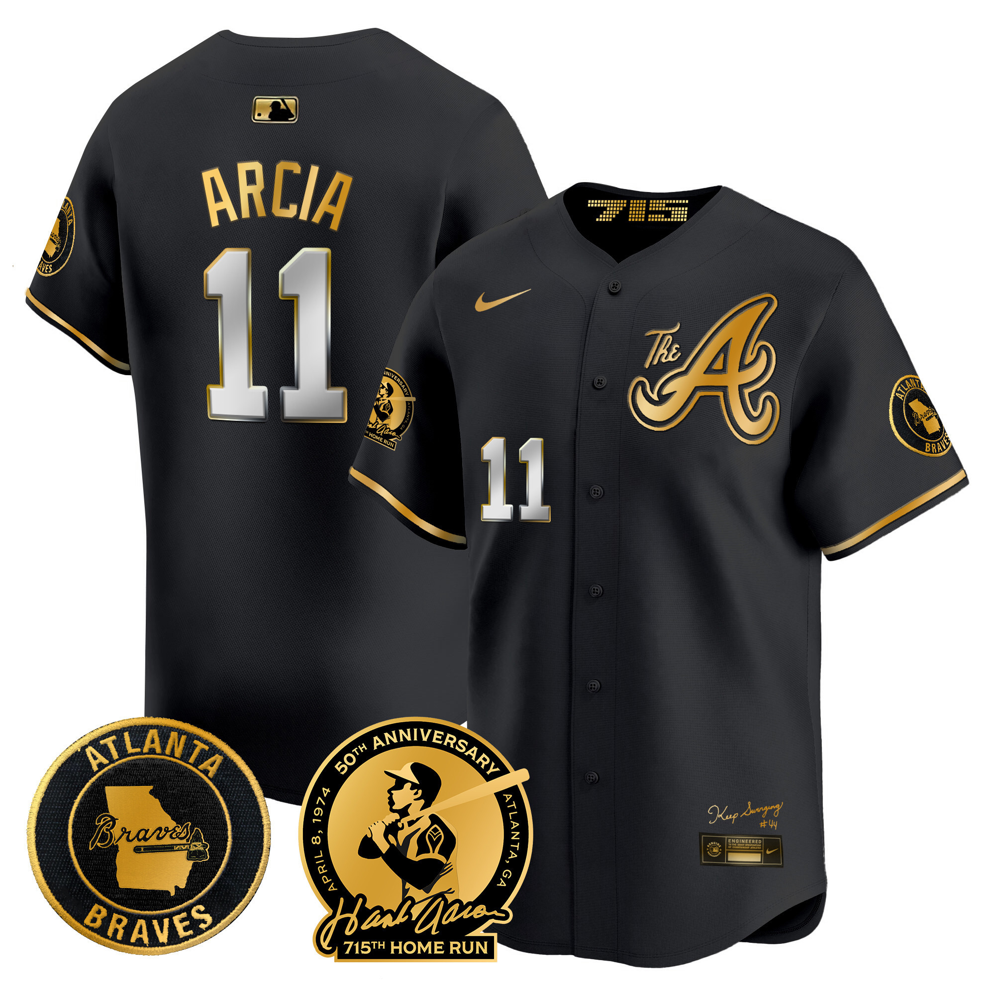 Orlando Arcia Men's Atlanta Braves Hank Aaron 715th Home Run Patch Vapor Premier Limited V2 Black Gold Jersey - All Stitched