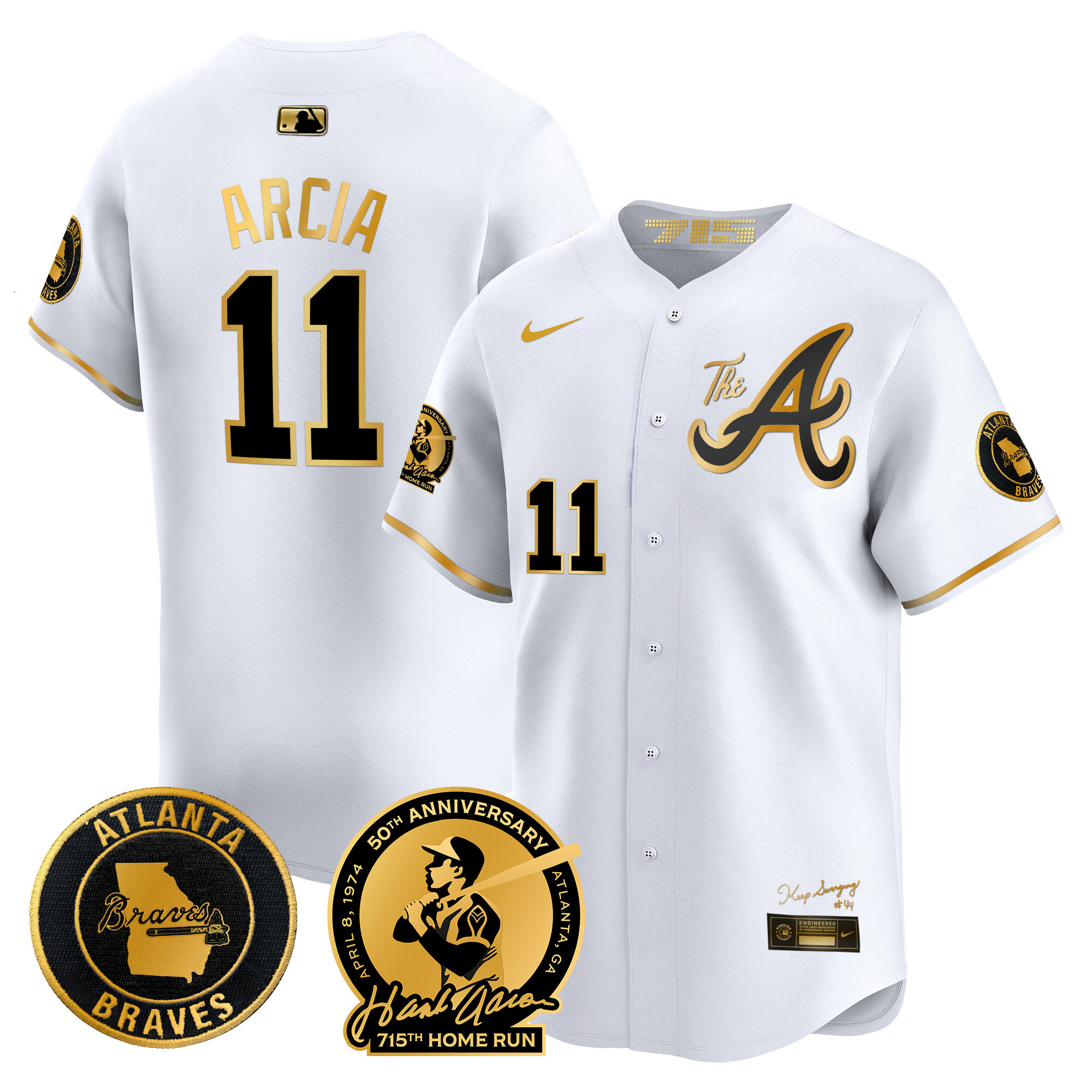 Orlando Arcia Men's Atlanta Braves Hank Aaron 715th Home Run Patch Vapor Premier Limited V2 White Gold Jersey - All Stitched