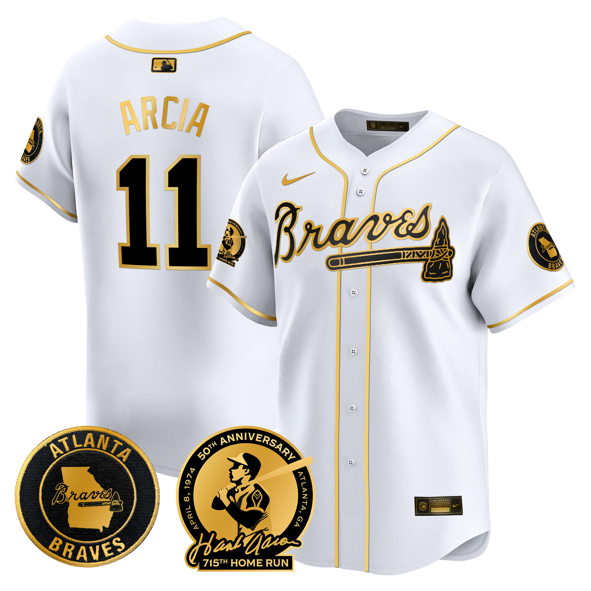 Orlando Arcia Men's Atlanta Braves Hank Aaron 715th Home Run Patch Vapor Premier Limited White Gold Jersey - All Stitched