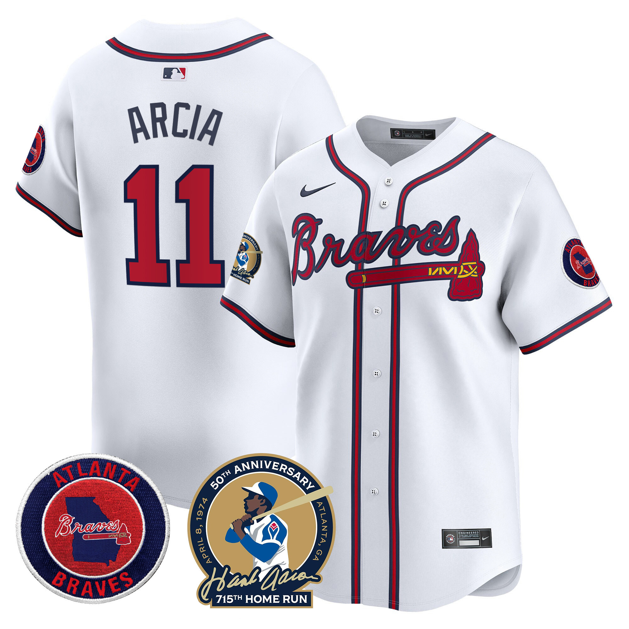 Orlando Arcia Men's Atlanta Braves Hank Aaron 715th Home Run Patch Vapor Premier Limited White Jersey - All Stitched