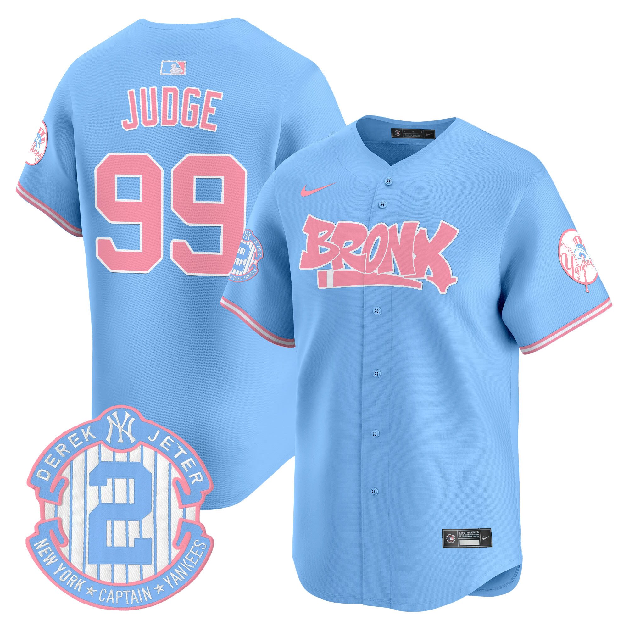 Aaron JudgeUnisex New York Yankees The Bronx Graffiti Bubblegum Pink Vapor Premier Limited Light Blue Jersey - All Stitched