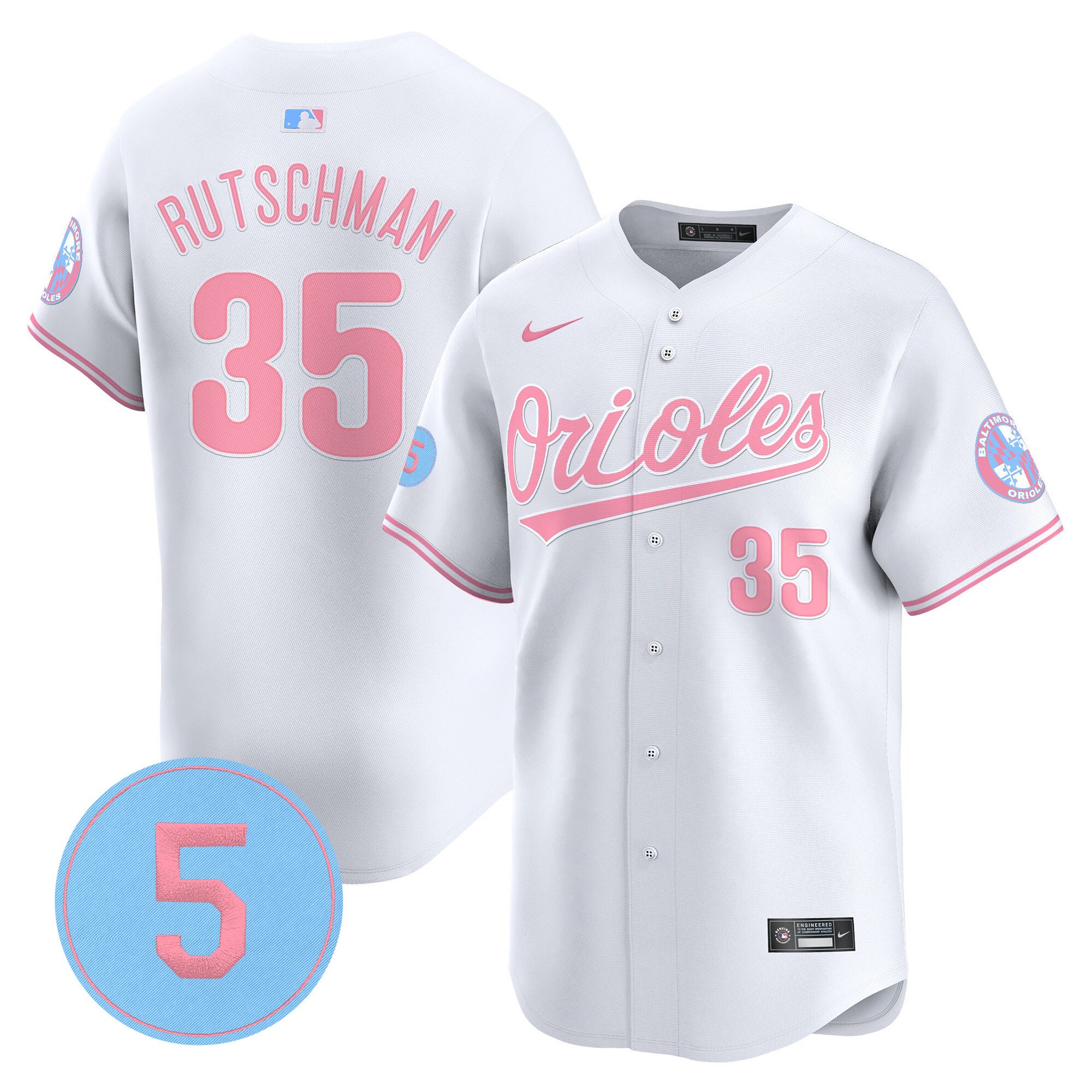 Adley RutschmanUnisex Baltimore Orioles Bubblegum Pink Robinson Patch Vapor Premier Limited White Jersey - All Stitched
