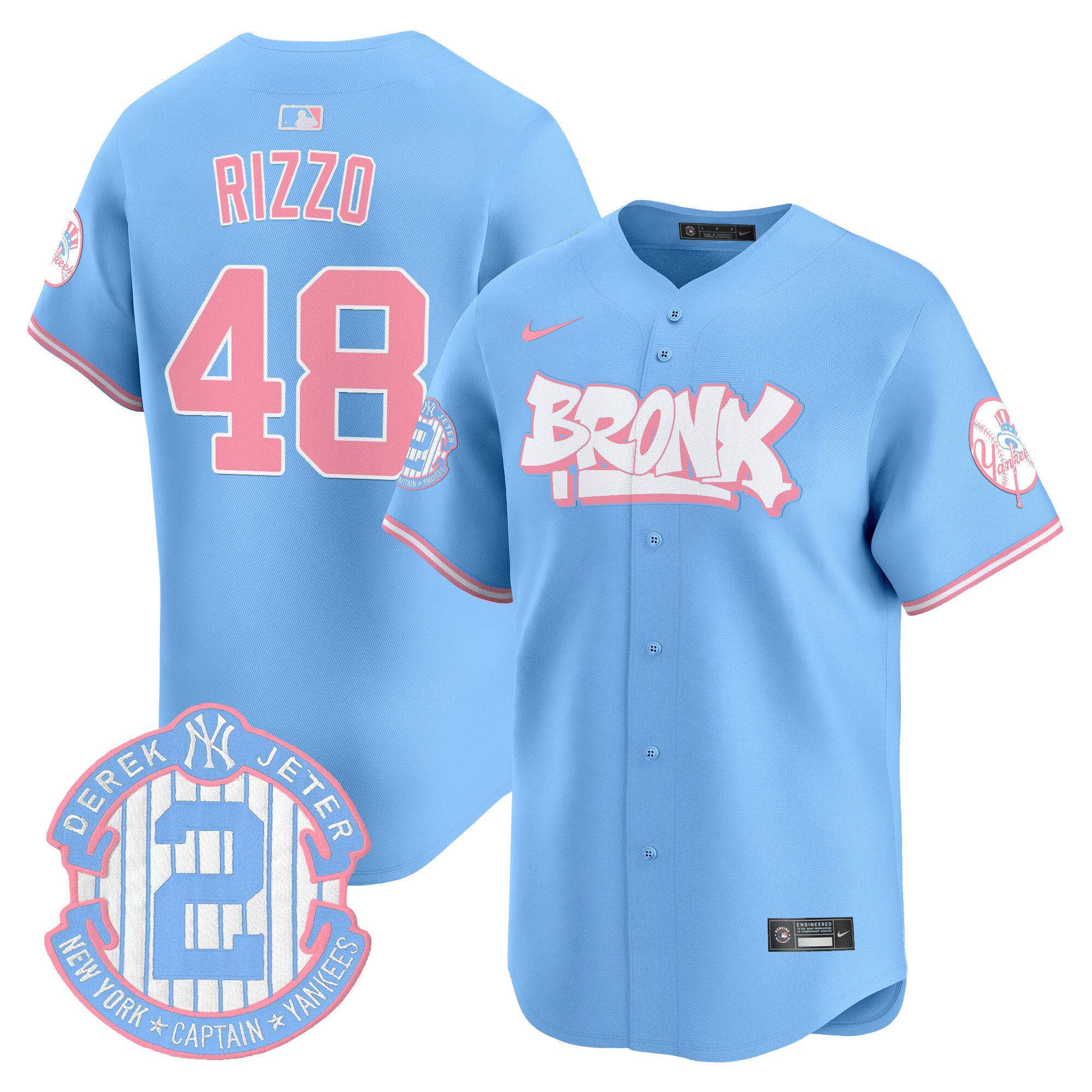 Anthony RizzoUnisex New York Yankees The Bronx Graffiti Bubblegum Pink Vapor Premier Limited Light Blue Jersey V2 - All Stitched