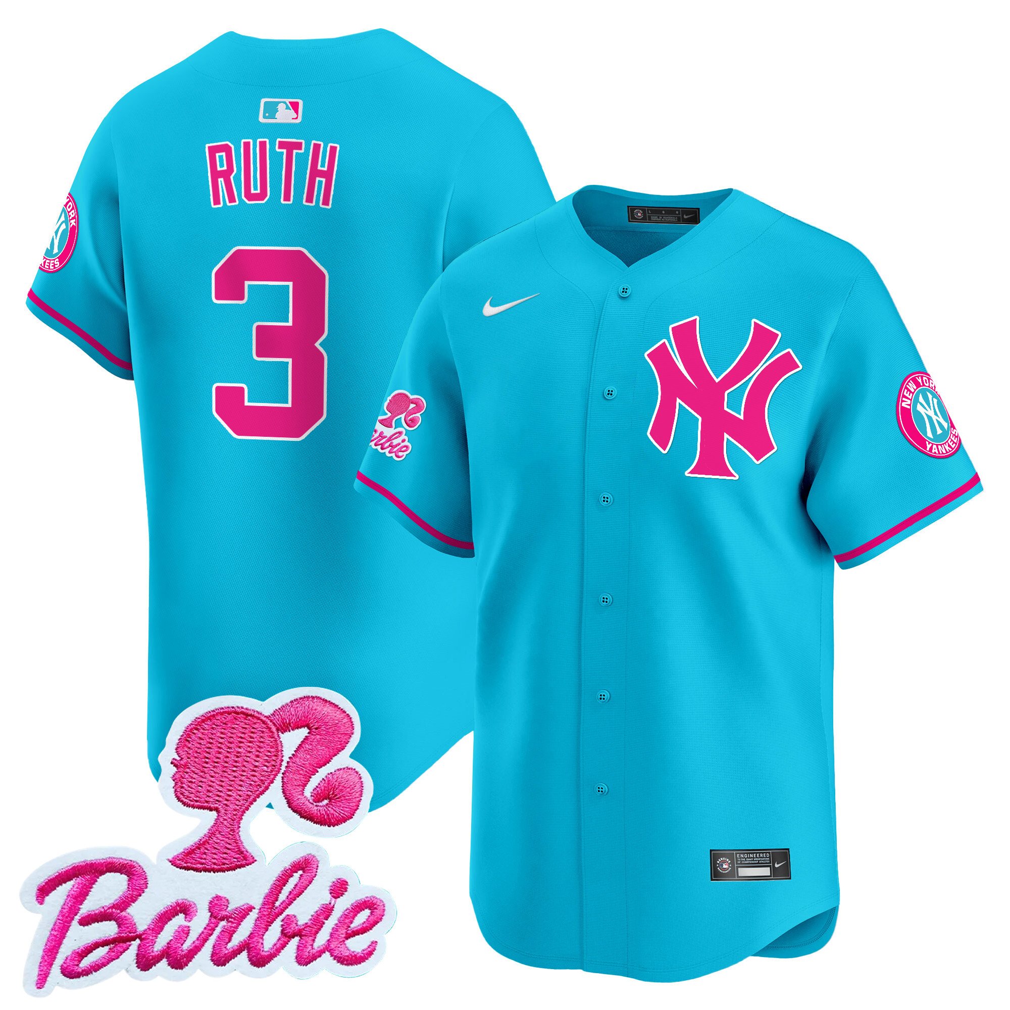 Babe RuthUnisex New York Yankees Barbie Patch Vapor Premier Limited Light Blue Jersey - All Stitched