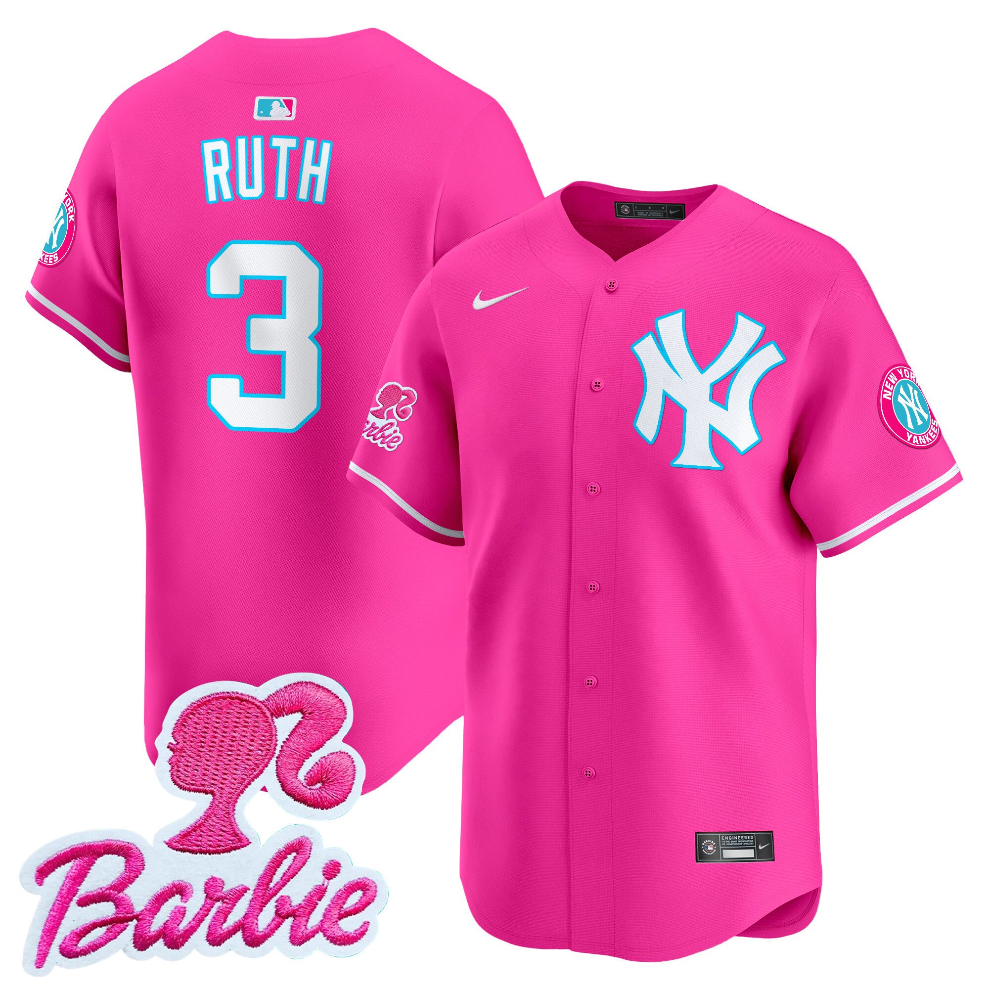 Babe RuthUnisex New York Yankees Barbie Patch Vapor Premier Limited Pink Jersey - All Stitched
