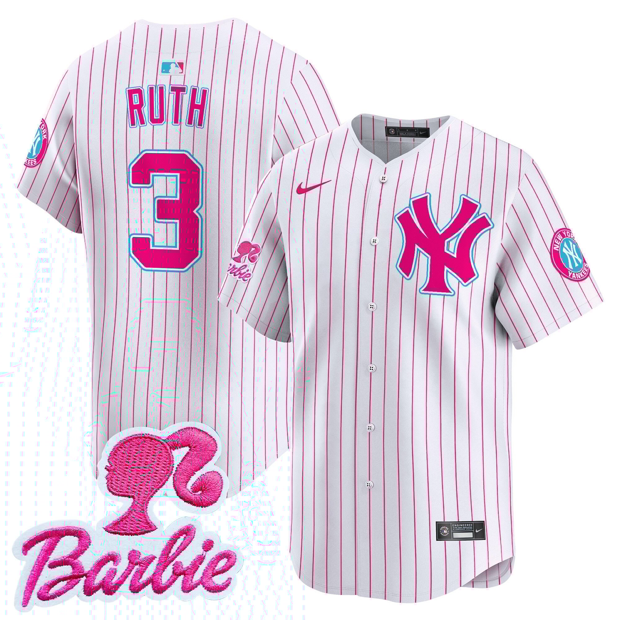 Babe RuthUnisex New York Yankees Barbie Patch Vapor Premier Limited Pink Stripe Jersey - All Stitched