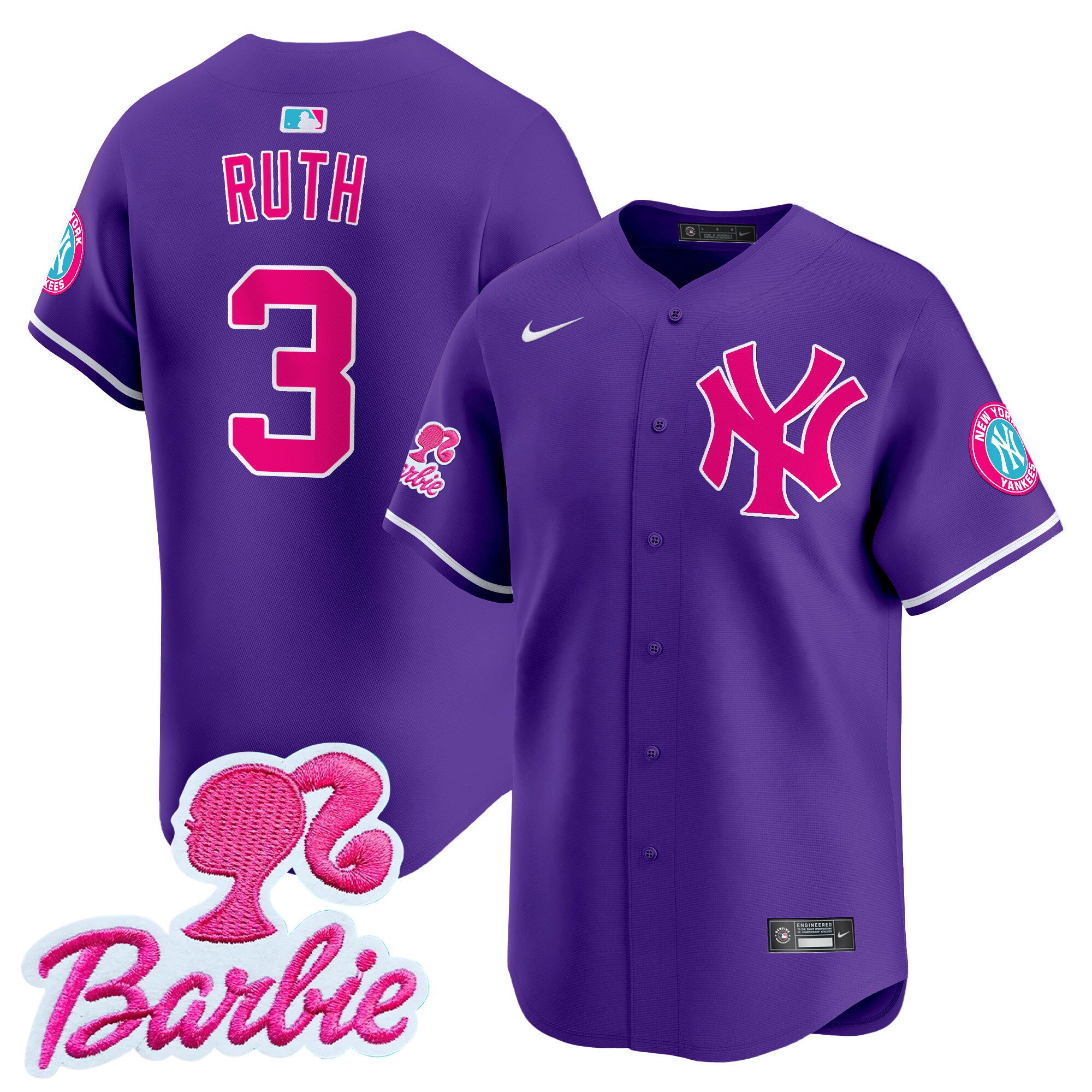 Babe RuthUnisex New York Yankees Barbie Patch Vapor Premier Limited Purple Jersey - All Stitched