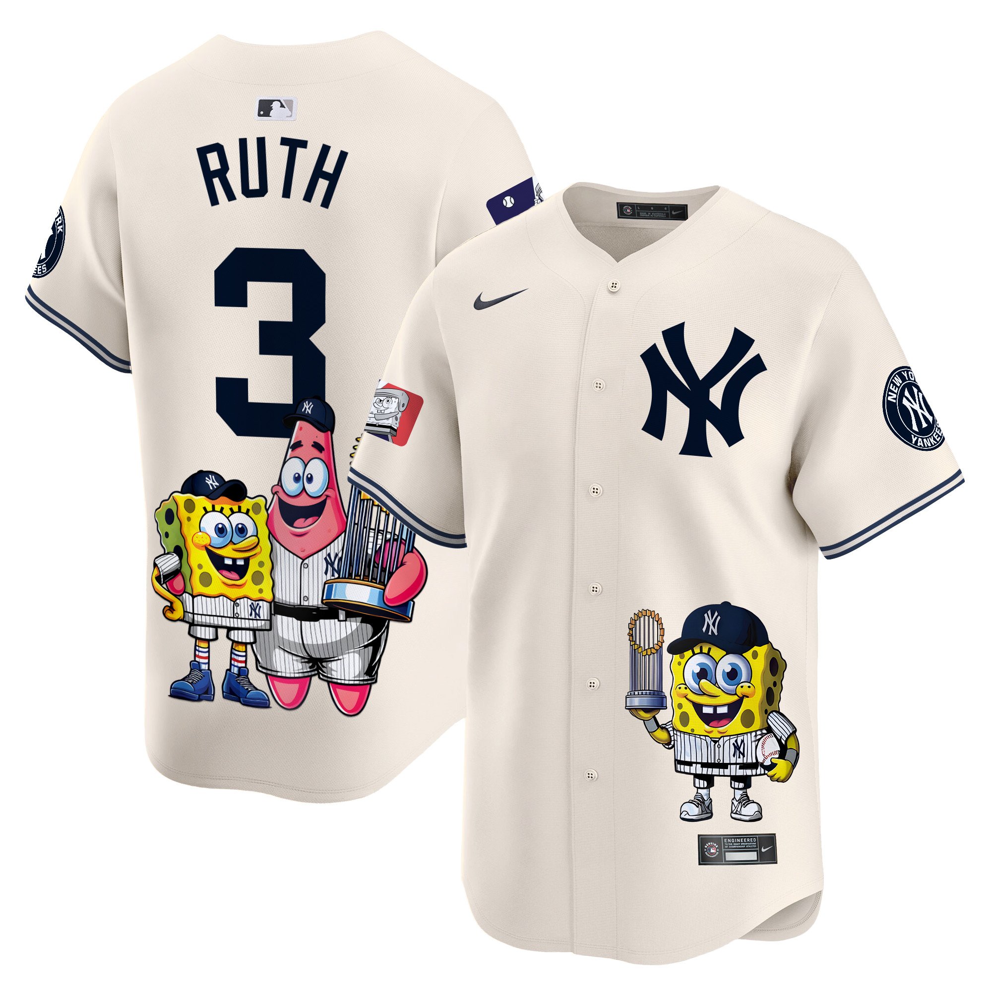 Babe RuthUnisex New York Yankees SpongeBob SquarePants Vapor Premier Limited Cream Jersey - Printed