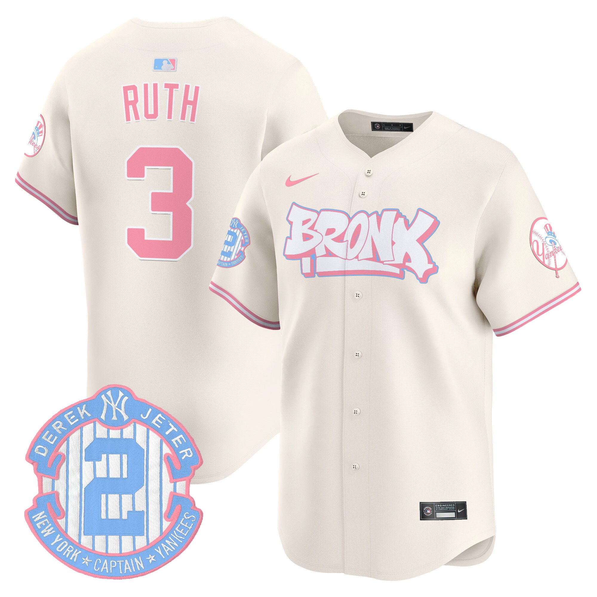 Babe RuthUnisex New York Yankees The Bronx Graffiti Bubblegum Pink Vapor Premier Limited Cream Jersey V2 - All Stitched